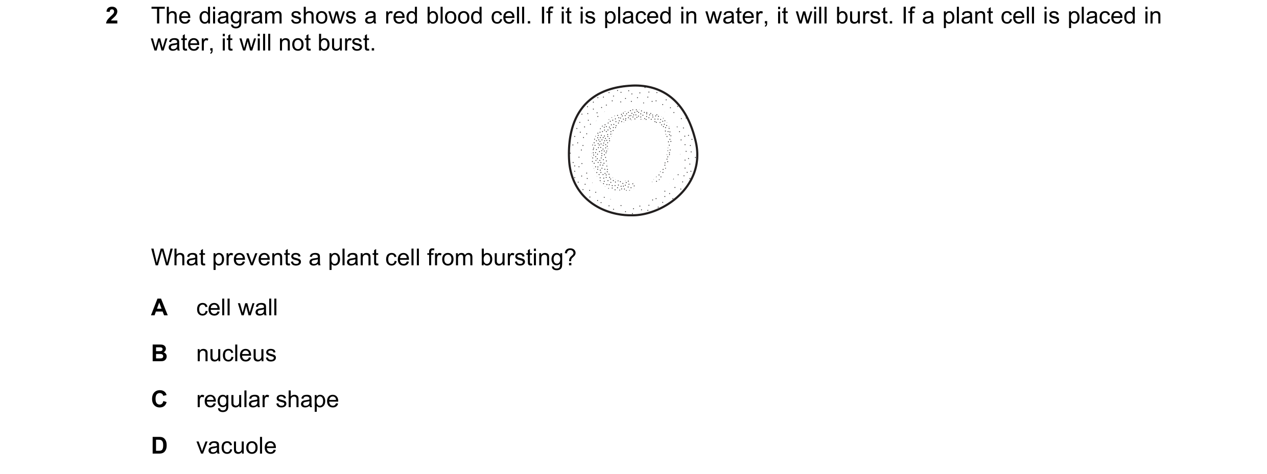 Question 5: The diagram shows a red blood cell. If it is placed in water, it will burst. If a plant cell is placed in water, it will not burst. What pr…