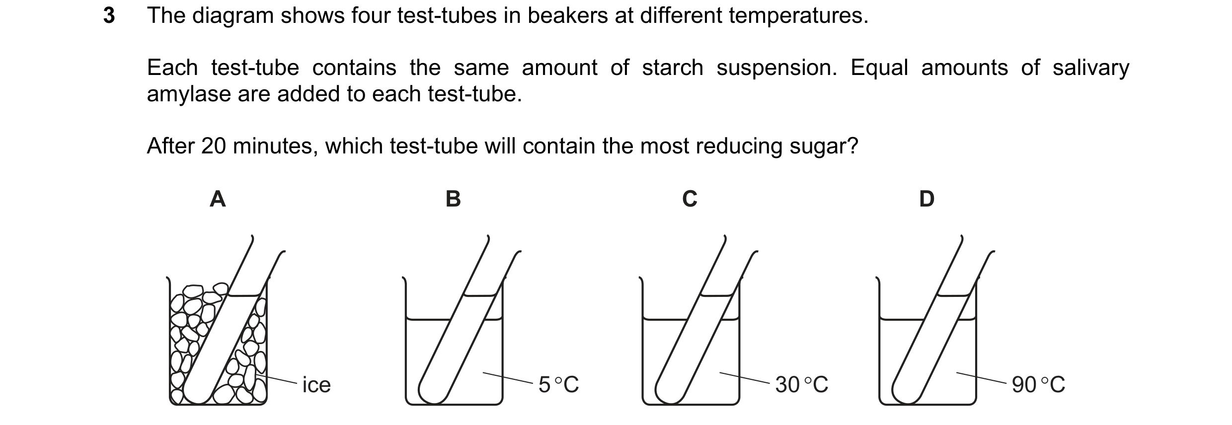Question 7: The diagram shows four test-tubes in beakers at different temperatures. Each test-tube contains the same amount of starch suspension. Equal…