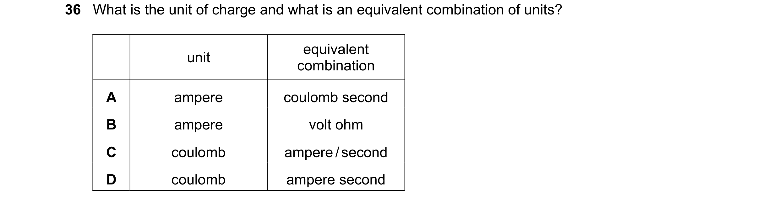Question 8: What is the unit of charge and what is an equivalent combination of units? equivalent unit combination A ampere coulomb second B ampere vol…