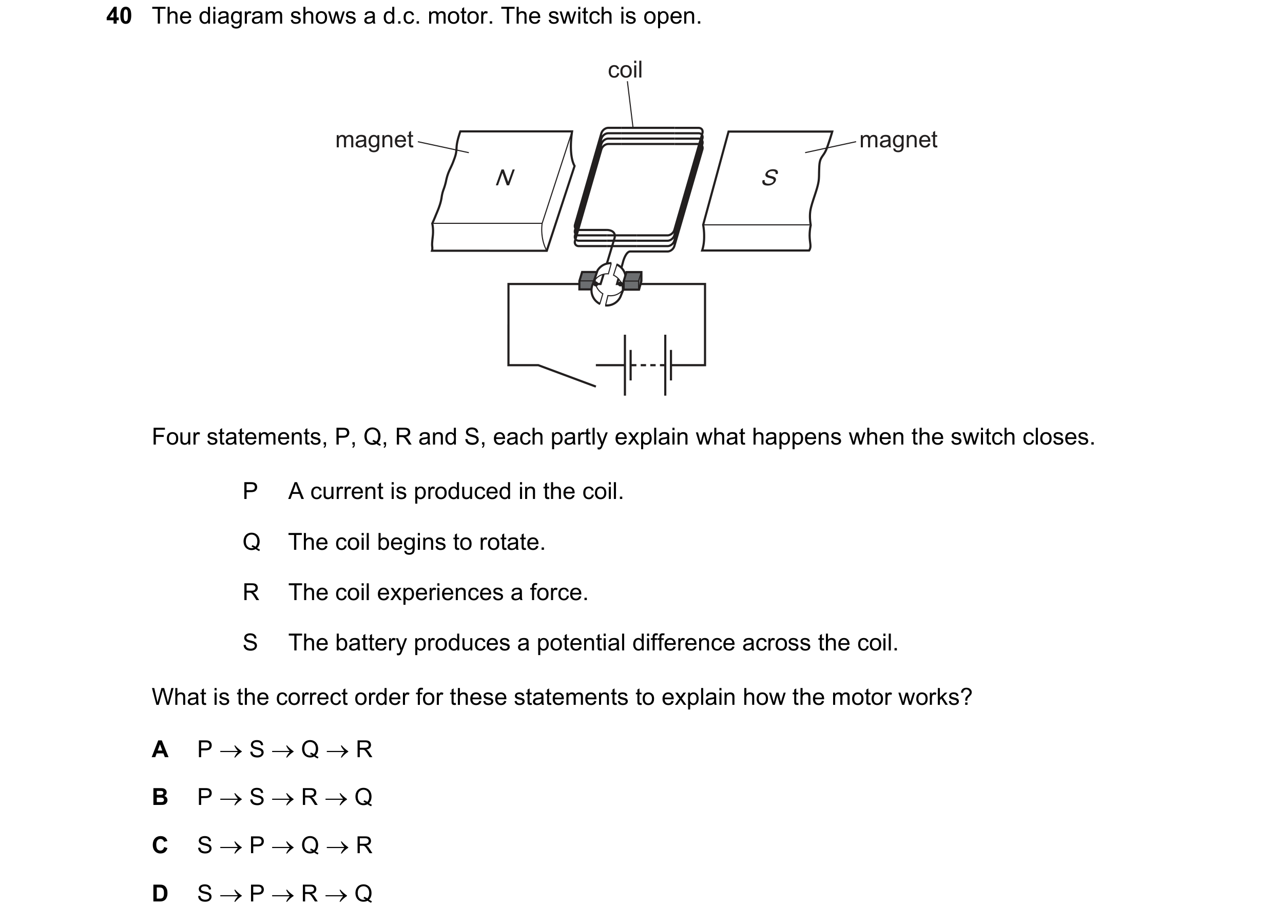 Question 6: The diagram shows a d.c. motor. The switch is open. coil magnet magnet N S Four statements, P, Q, R and S, each partly explain what happens…