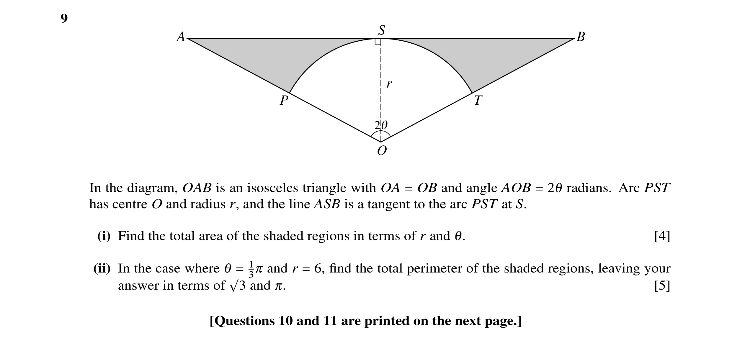 Question 9: S A B r P T 2q O In the diagram, OAB is an isosceles triangle with OA = OB and angle AOB = 2θ radians. Arc PST has centre O and radius r, a…
