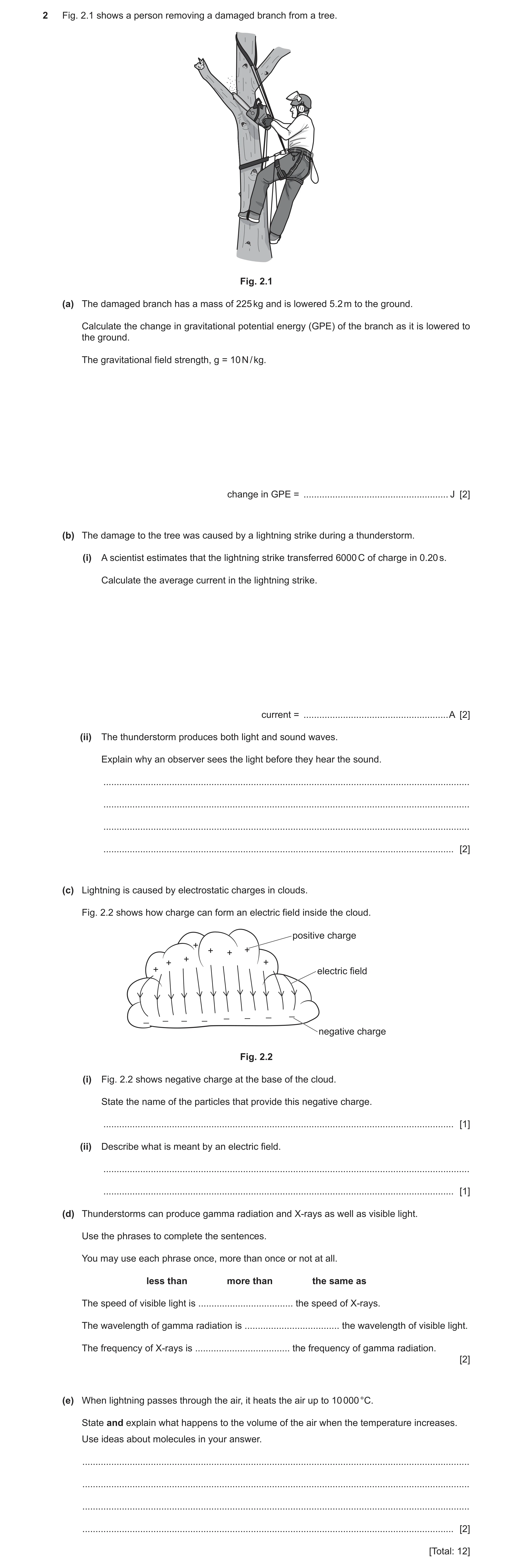 Question 26: Fig. 2.1 shows a person removing a damaged branch from a tree. Fig. 2.1 (a) The damaged branch has a mass of 225 kg and is lowered 5.2 m to…