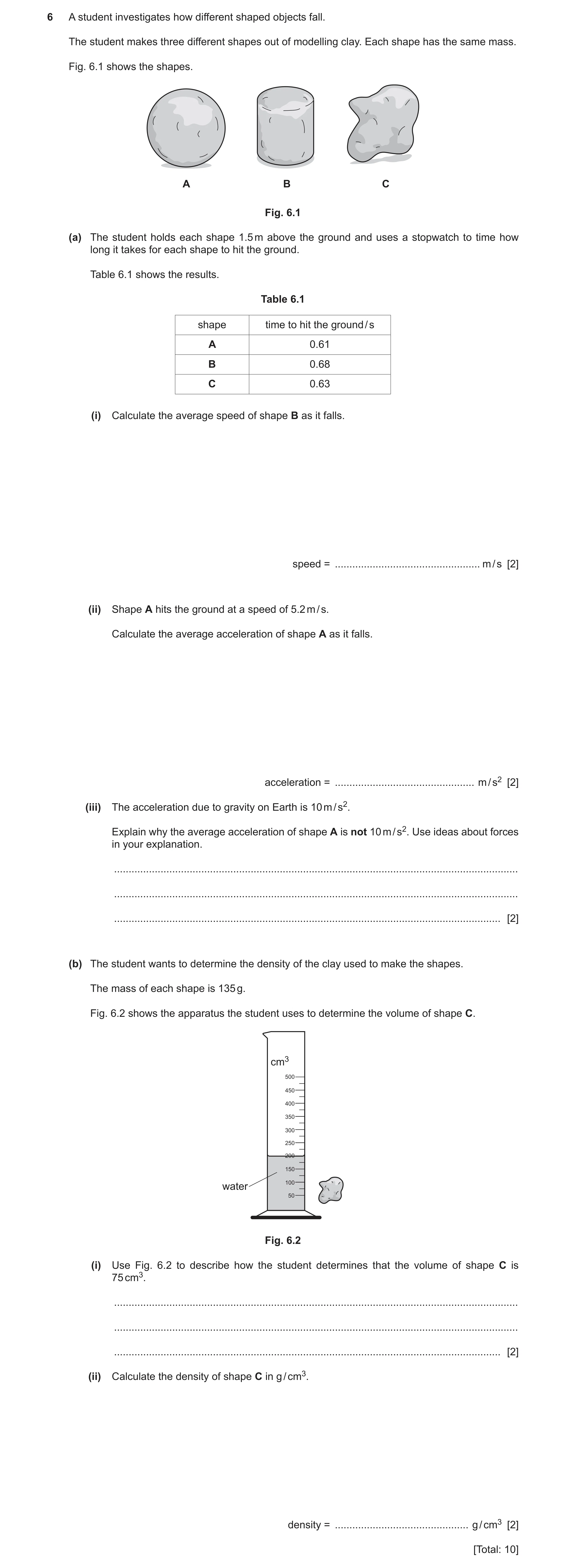 Question 29: A student investigates how different shaped objects fall. The student makes three different shapes out of modelling clay. Each shape has th…