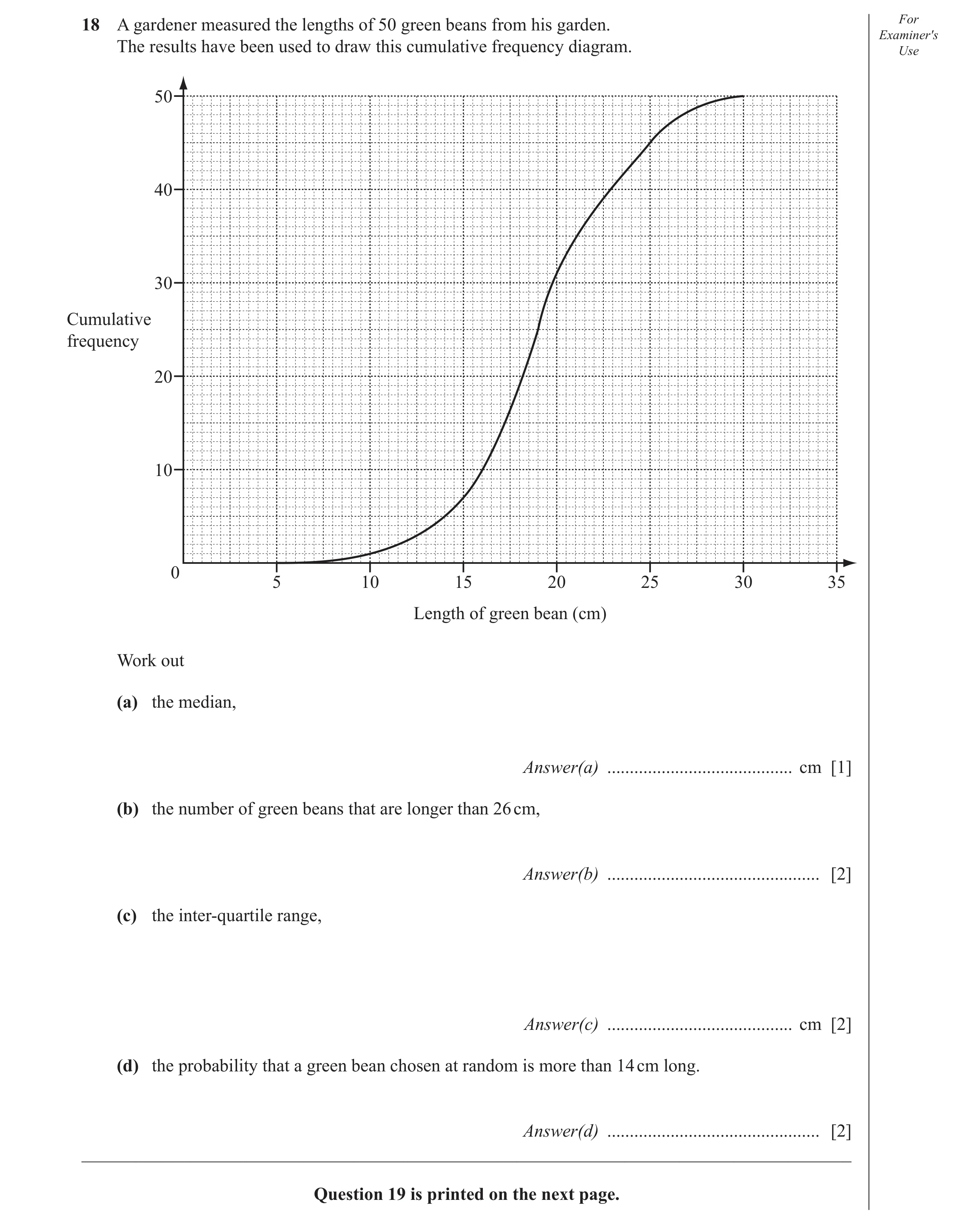 Question 12: A gardener measured the lengths of 50 green beans from his garden. For Examiner′s The results have been used to draw this cumulative freque…