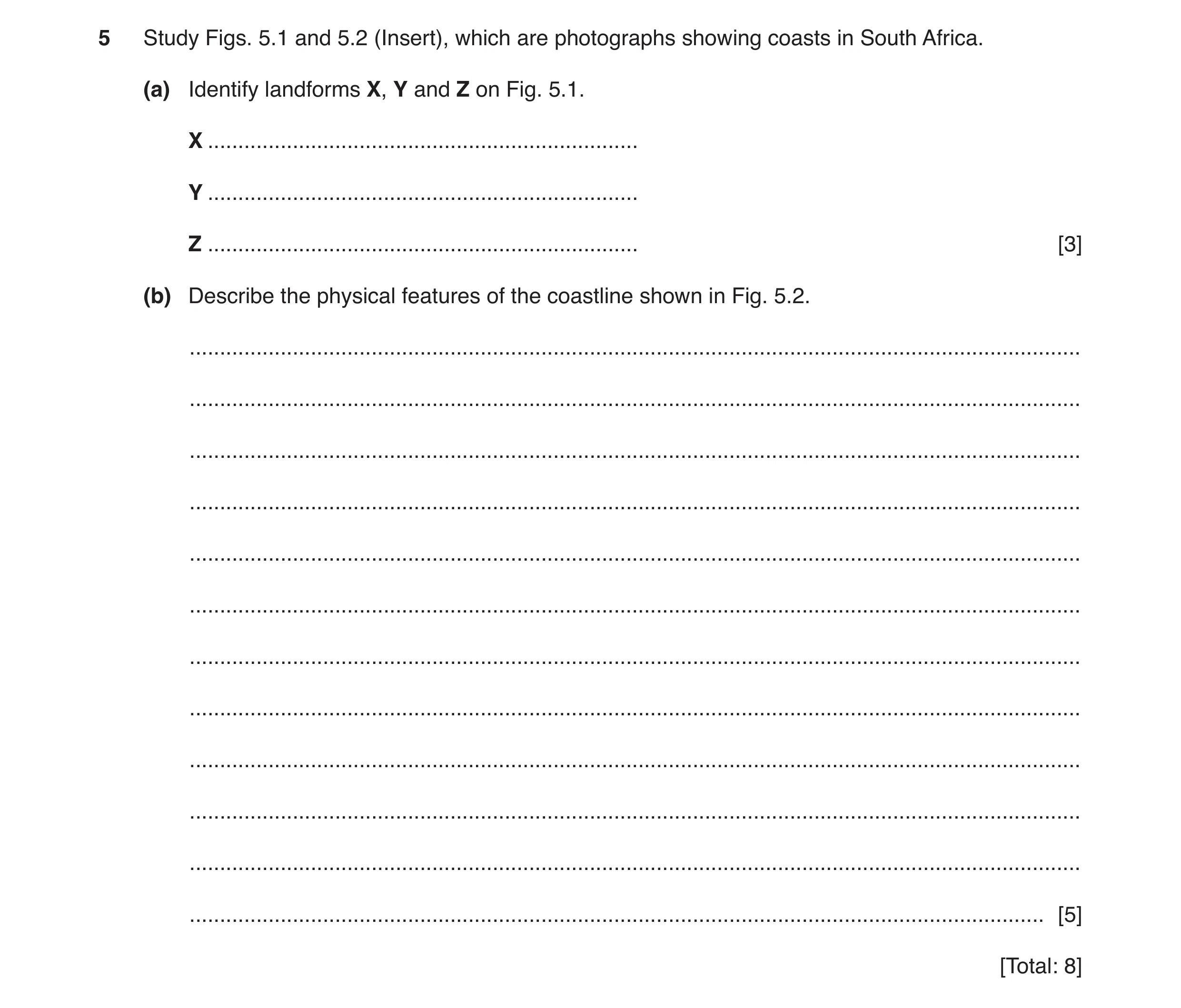 Question 7: Study Figs. 5.1 and 5.2 (Insert), which are photographs showing coasts in South Africa. (a) Identify landforms X, Y and Z on Fig. 5.1. X ..…