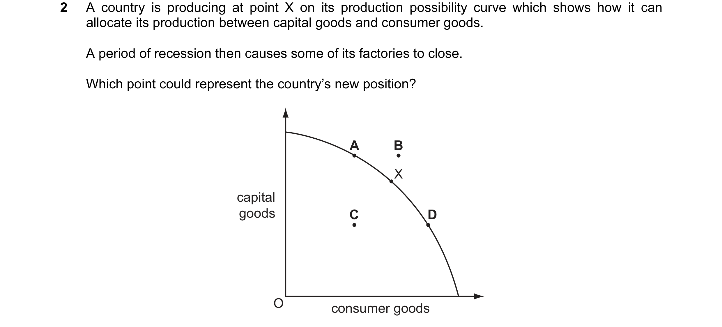 Question 22: A country is producing at point X on its production possibility curve which shows how it can allocate its production between capital goods …