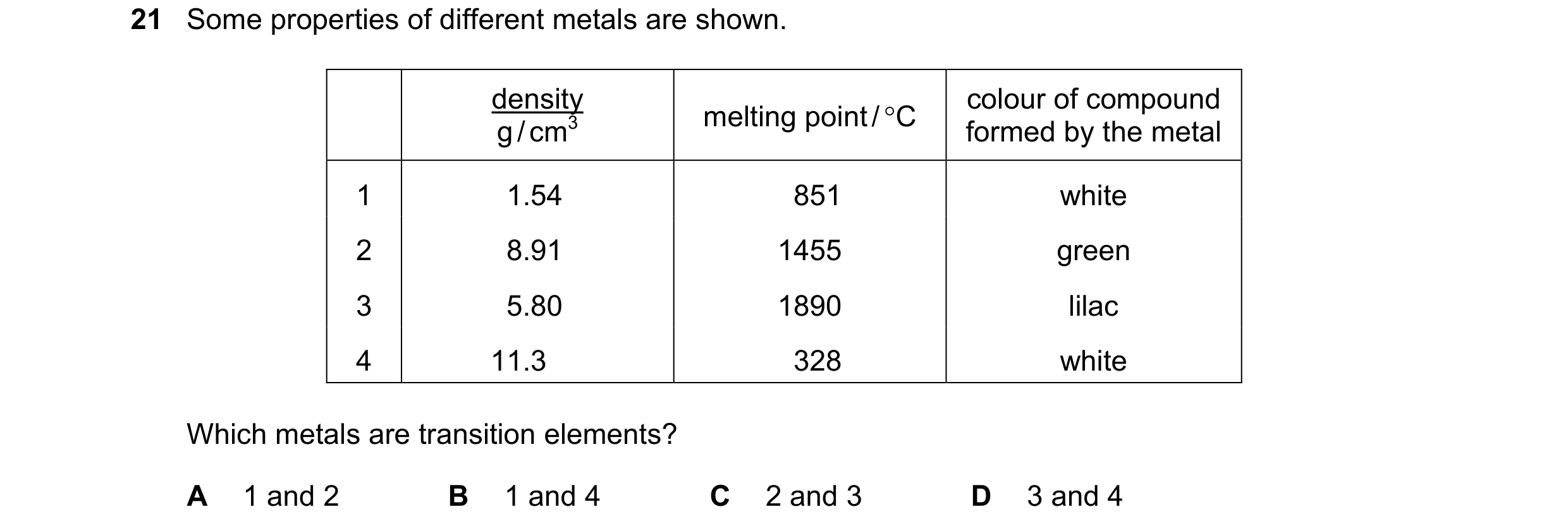 Question 20: Some properties of different metals are shown. density colour of compound melting point / C g / cm3 formed by the metal 1 1.54 851 white 2…
