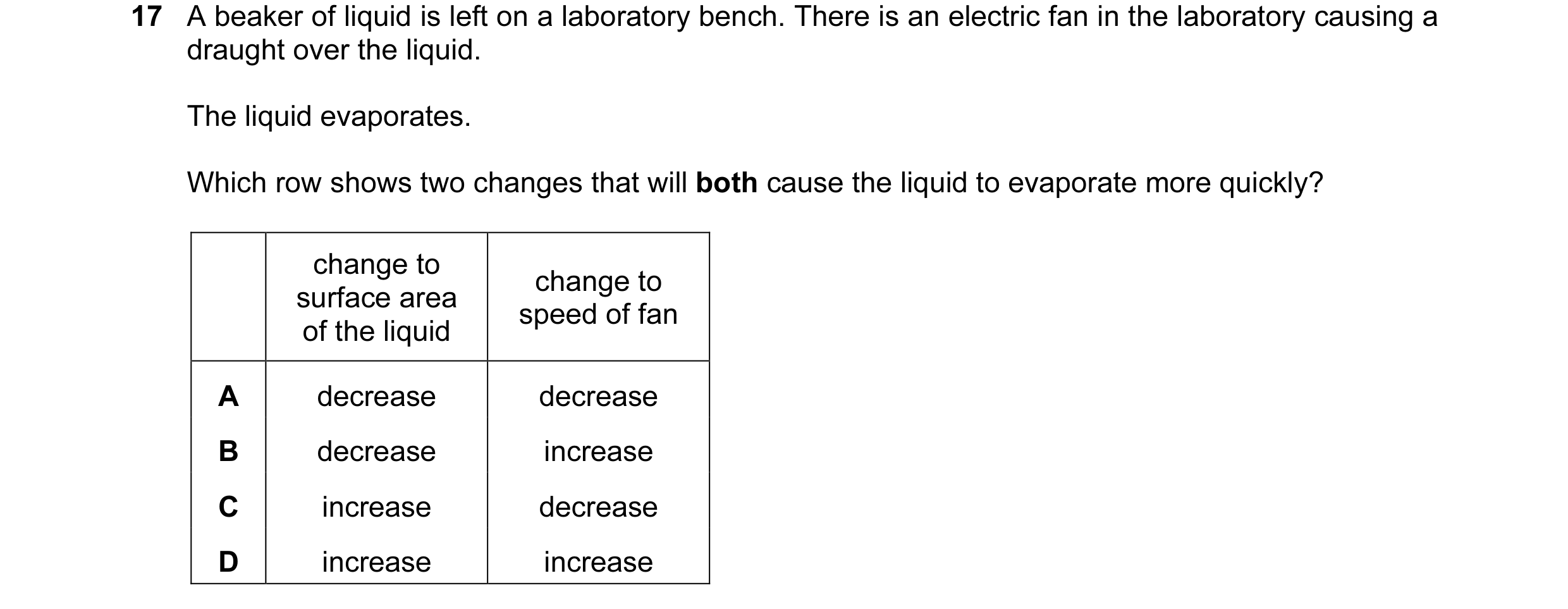 Question 12: A beaker of liquid is left on a laboratory bench. There is an electric fan in the laboratory causing a draught over the liquid. The liquid …