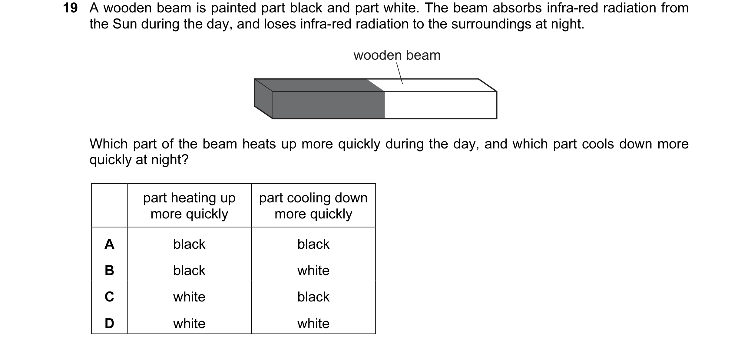 Question 6: A wooden beam is painted part black and part white. The beam absorbs infra-red radiation from the Sun during the day, and loses infra-red r…