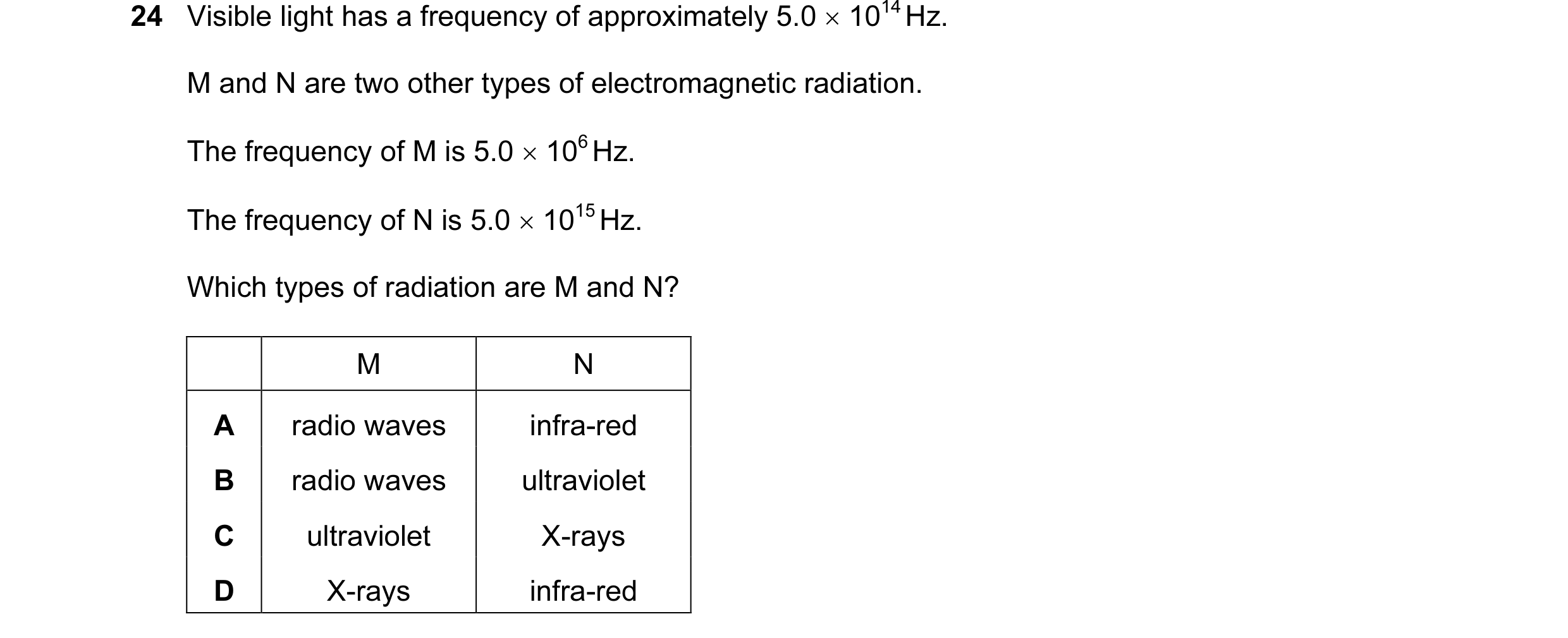 Question 3: Visible light has a frequency of approximately 5.0 × 1014 Hz. M and N are two other types of electromagnetic radiation. The frequency of M …