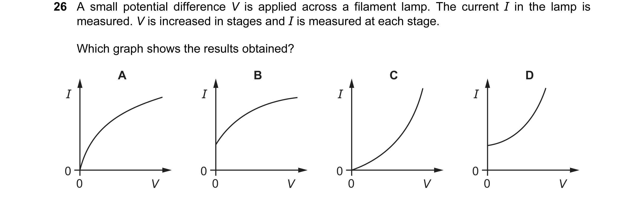 Question 10: A small potential difference V is applied across a filament lamp. The current I in the lamp is measured. V is increased in stages and I is …