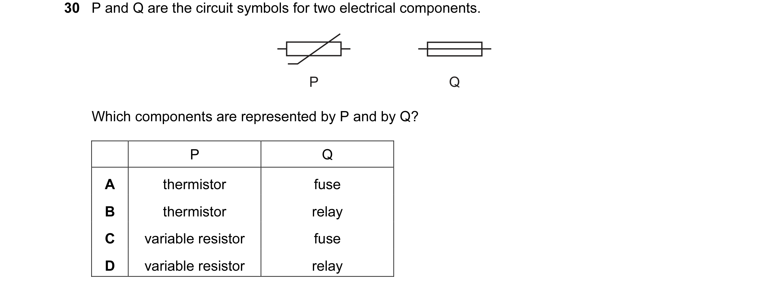 Question 12: P and Q are the circuit symbols for two electrical components. P Q Which components are represented by P and by Q? P Q A thermistor fuse B …