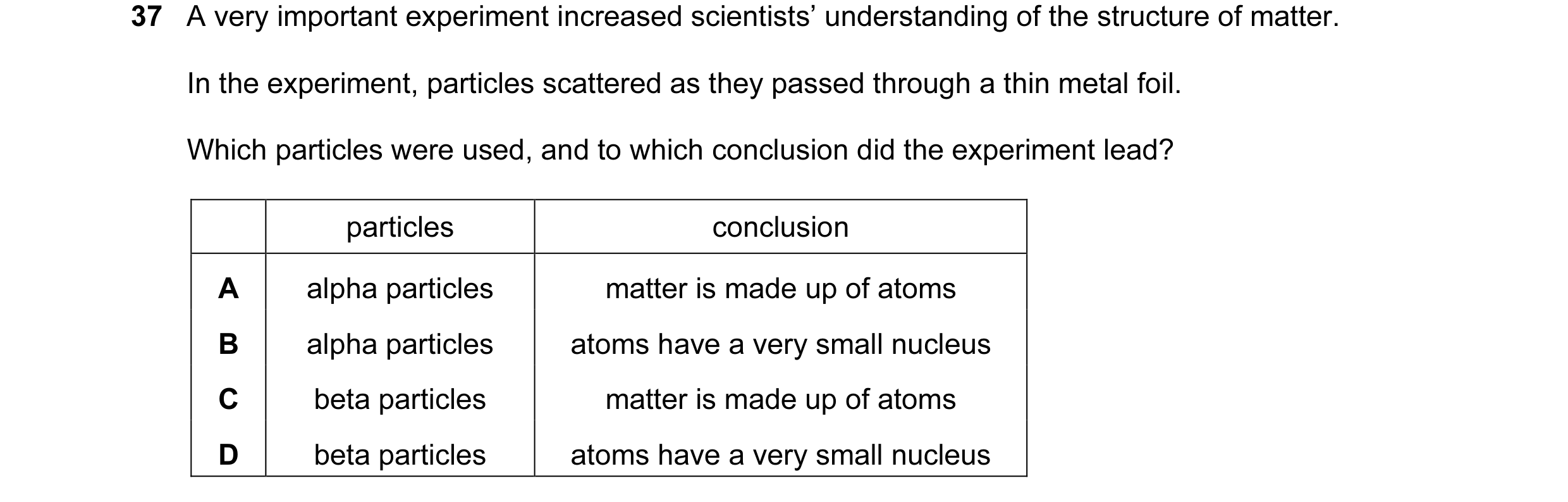 Question 9: A very important experiment increased scientists’ understanding of the structure of matter. In the experiment, particles scattered as they …