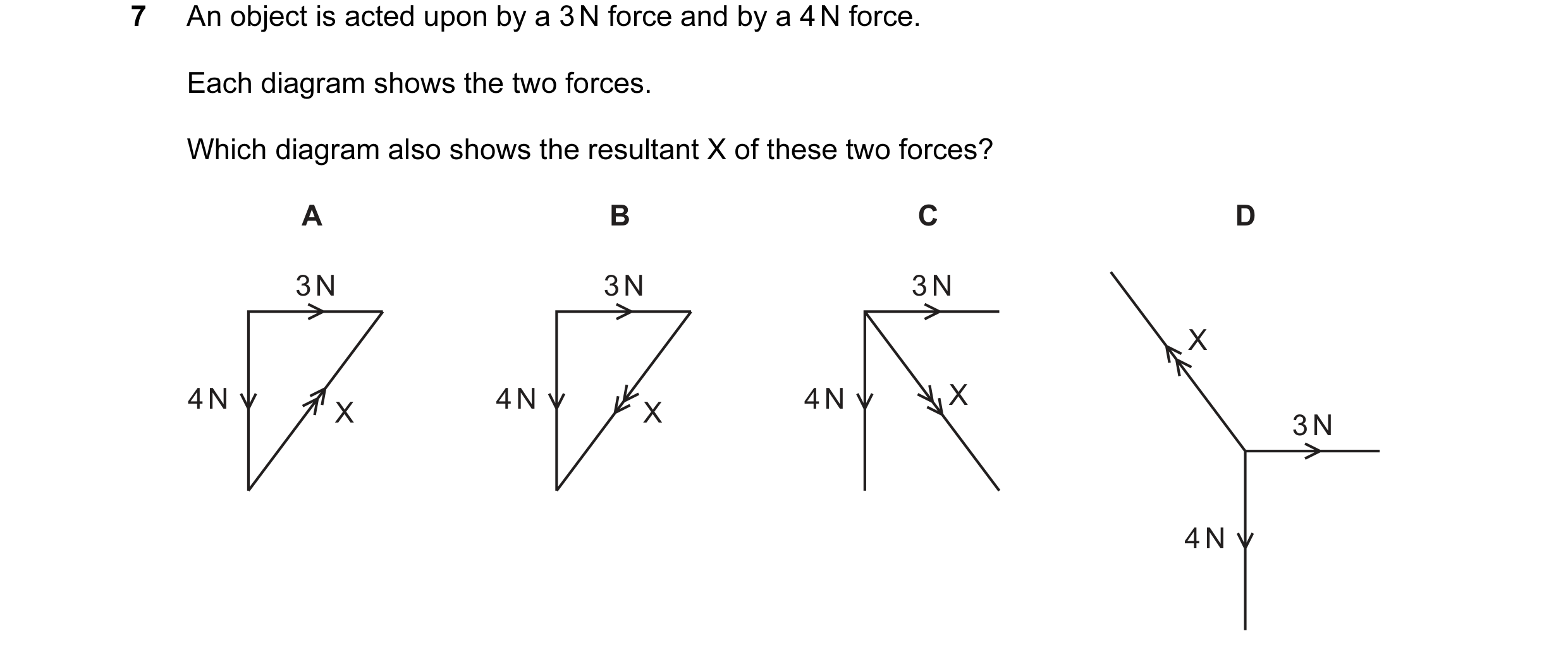 Question 9: An object is acted upon by a 3 N force and by a 4 N force. Each diagram shows the two forces. Which diagram also shows the resultant X of t…