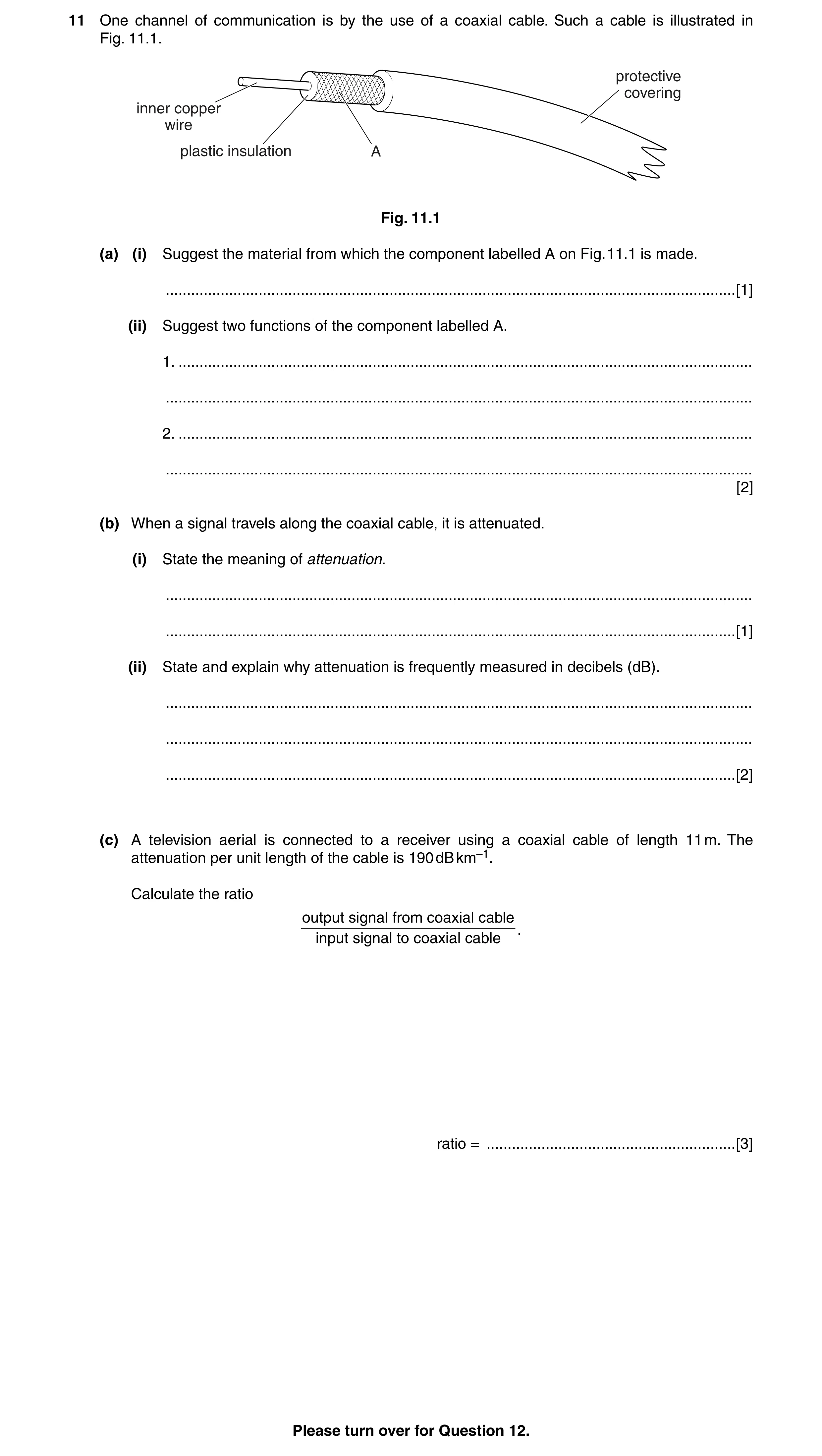 Question 22: One channel of communication is by the use of a coaxial cable. Such a cable is illustrated in Fig. 11.1. protective covering inner copper w…