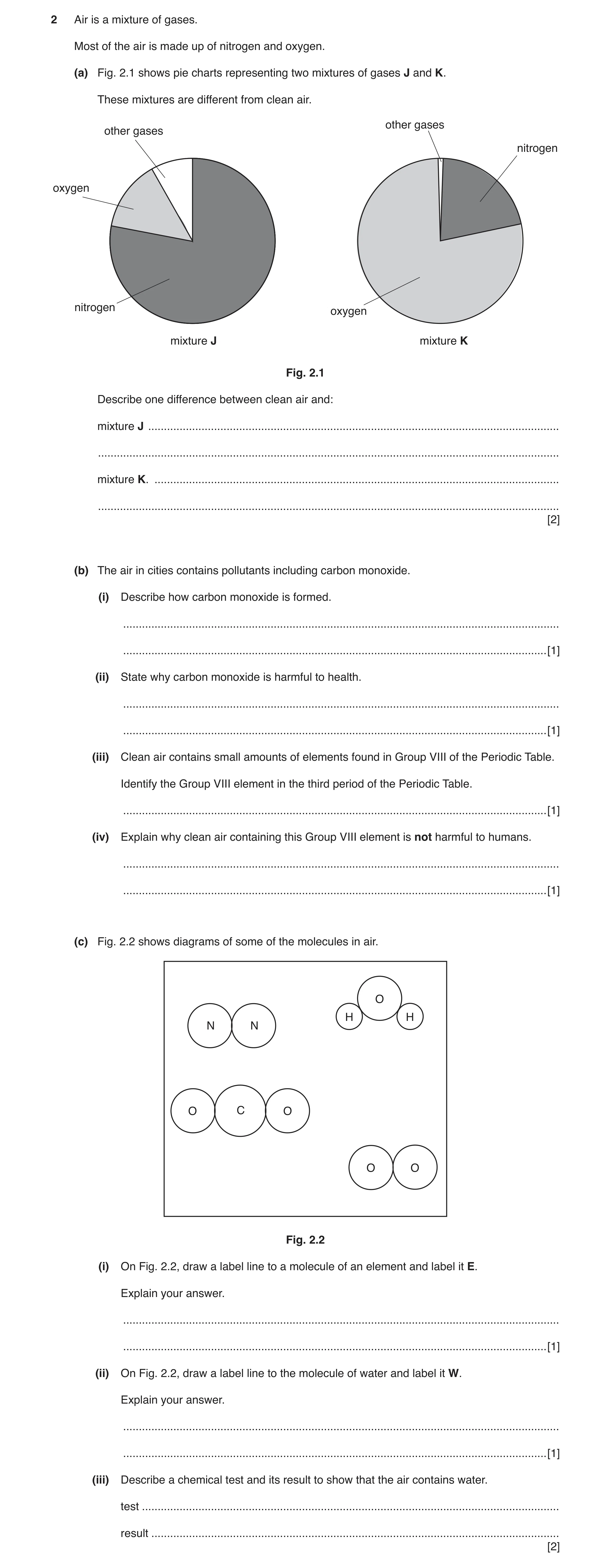 Question 3: Air is a mixture of gases. Most of the air is made up of nitrogen and oxygen. (a) Fig. 2.1 shows pie charts representing two mixtures of ga…