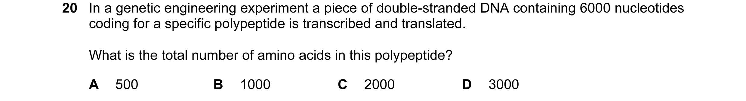 Question 28: In a genetic engineering experiment a piece of double-stranded DNA containing 6000 nucleotides coding for a specific polypeptide is transcr…