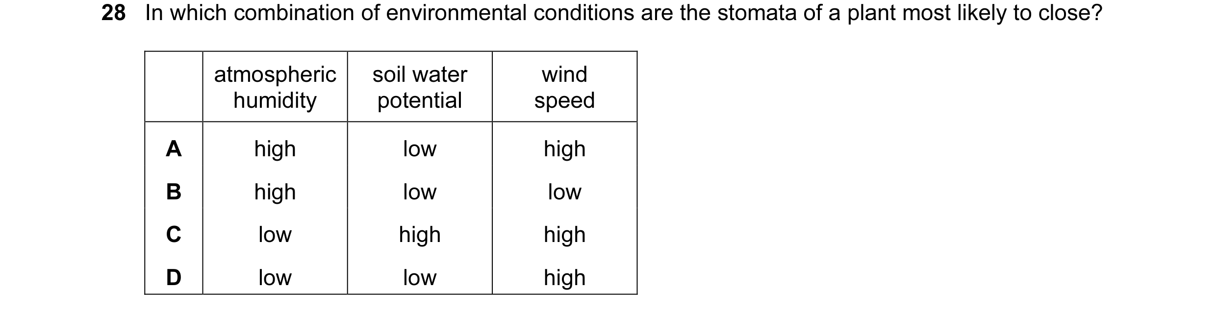 Question 38: In which combination of environmental conditions are the stomata of a plant most likely to close? atmospheric soil water wind humidity pote…