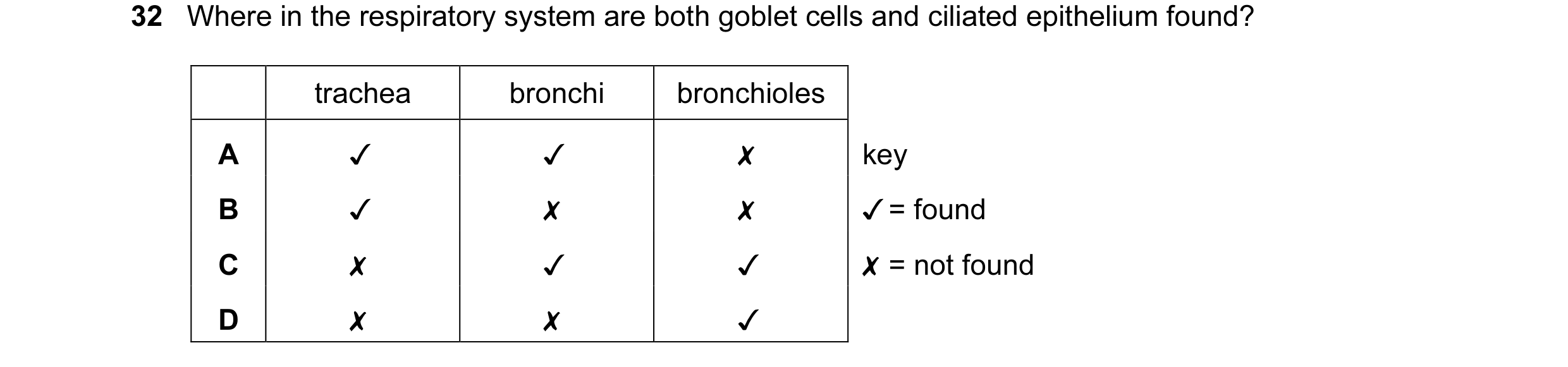 Question 43: Where in the respiratory system are both goblet cells and ciliated epithelium found?
trachea bronchi bronchioles
v v x key
J/ = found
0 …
