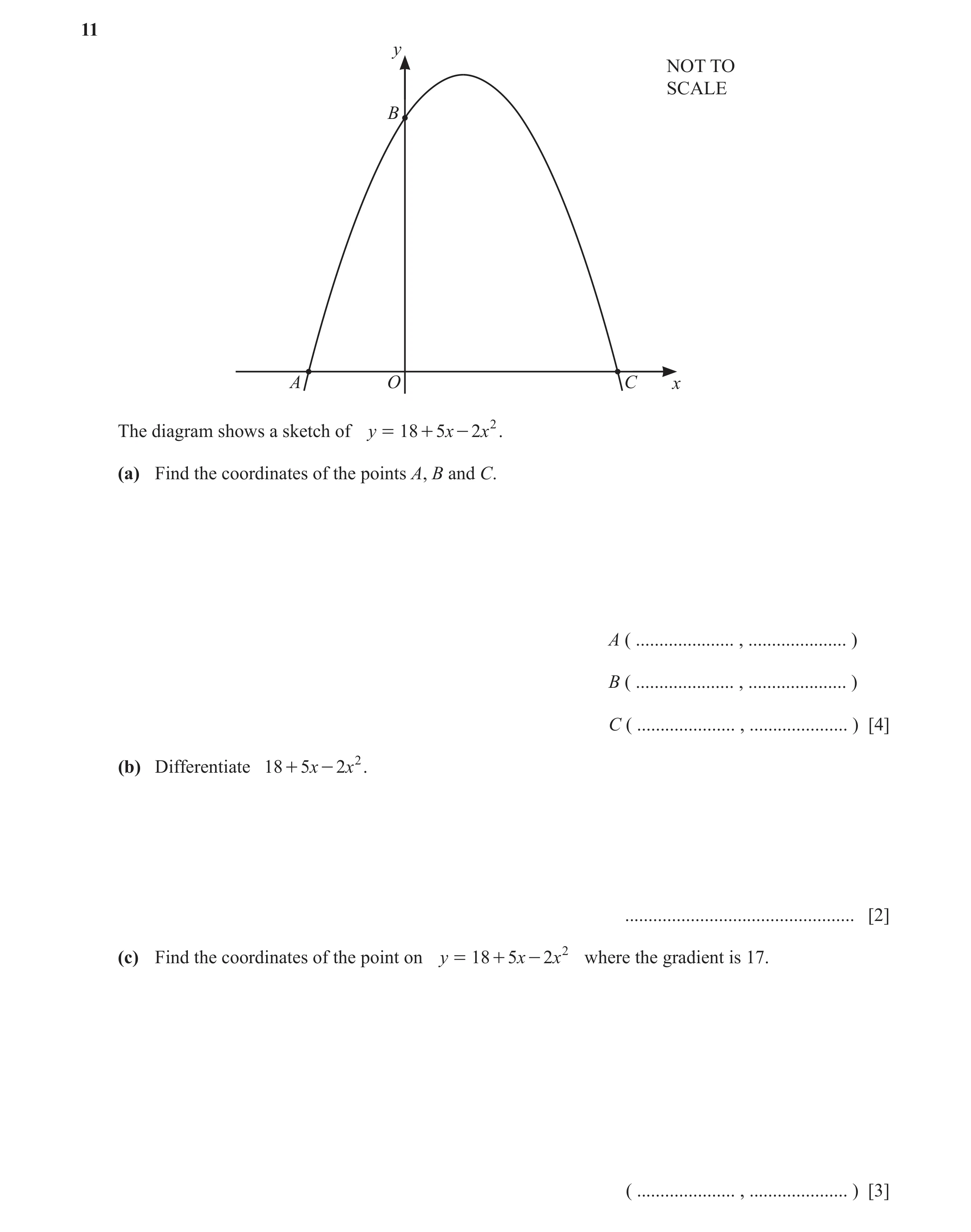 Question 36: y NOT TO SCALE B A O C x The diagram shows a sketch of y = 18 + 5 x - 2x 2 . (a) Find the coordinates of the points A, B and C. A ( .......…