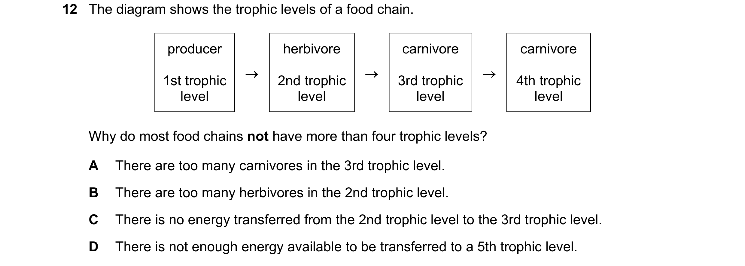 Question 4: The diagram shows the trophic levels of a food chain. producer herbivore carnivore carnivore → → → 1st trophic 2nd trophic 3rd trophic 4th …