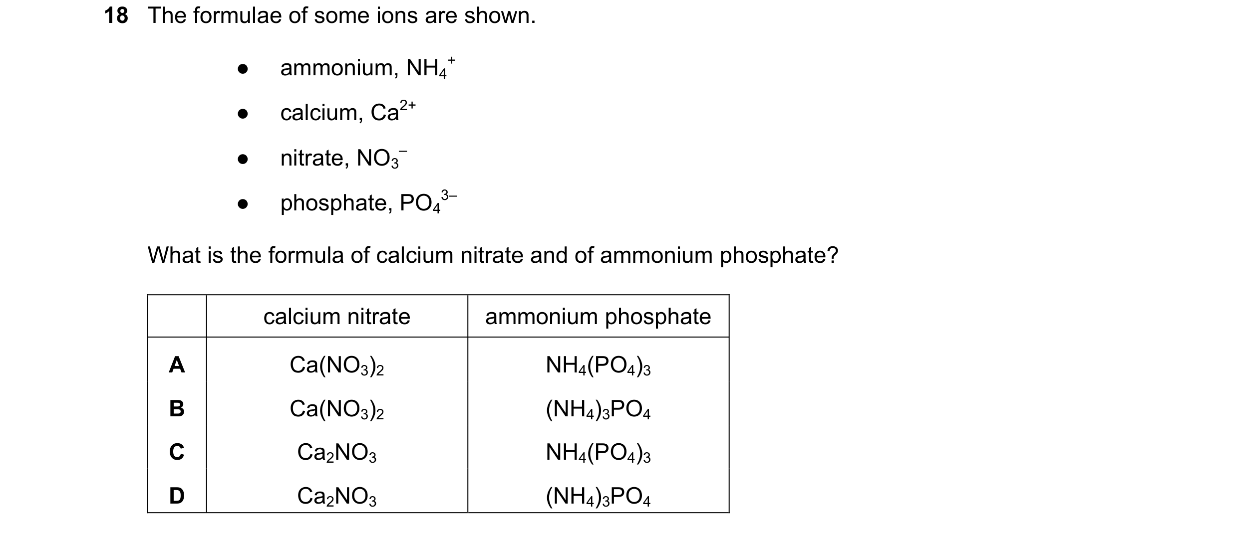 Question 7: The formulae of some ions are shown. ● ammonium, NH4 + ● calcium, Ca2+ ● nitrate, NO3 – ● phosphate, PO4 3– What is the formula of calcium …
