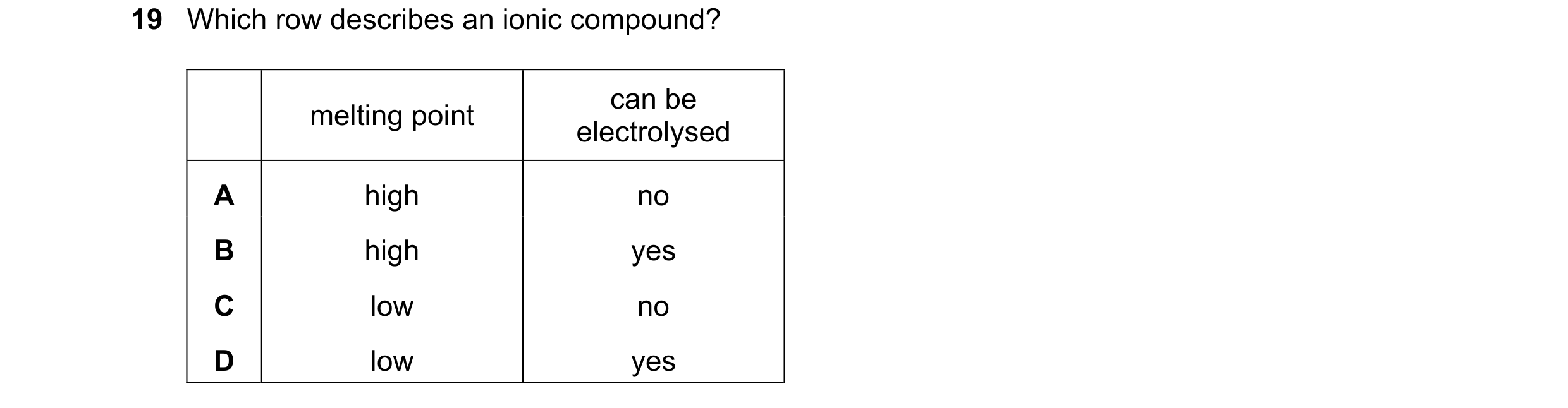 Question 12: Which row describes an ionic compound? can be melting point electrolysed A high no B high yes C low no D low yes