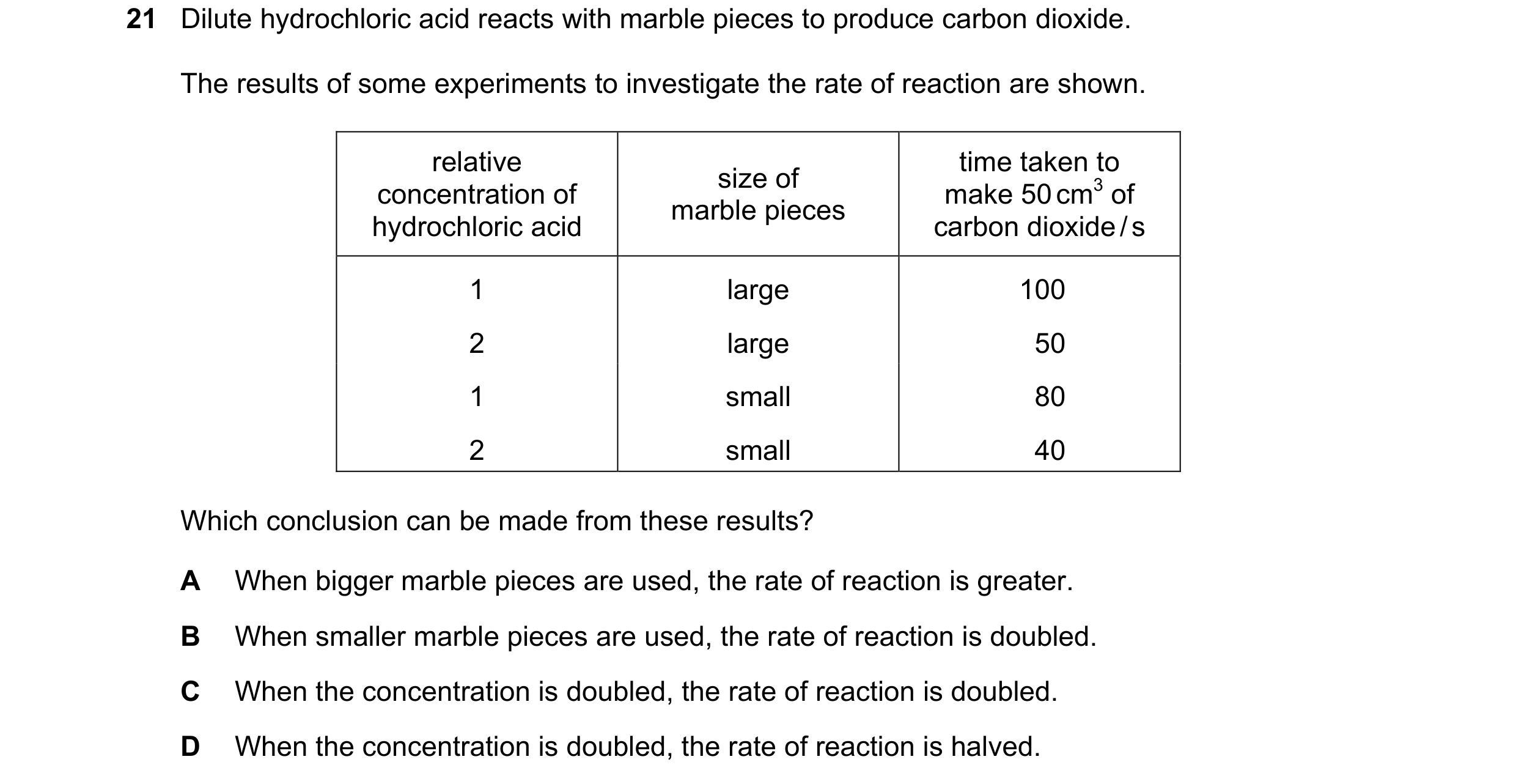 Question 7: Dilute hydrochloric acid reacts with marble pieces to produce carbon dioxide. The results of some experiments to investigate the rate of re…