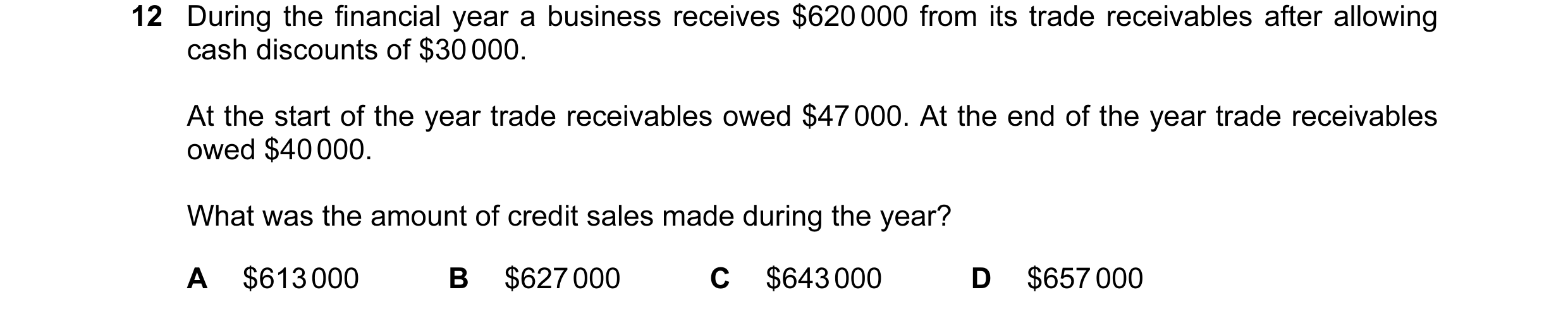 Question 309: During the financial year a business receives $620 000 from its trade receivables after allowing cash discounts of $30 000. At the start of…