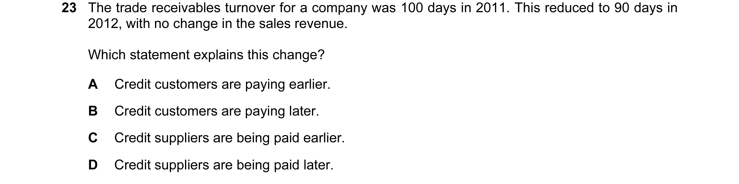 Question 148: The trade receivables turnover for a company was 100 days in 2011. This reduced to 90 days in 2012, with no change in the sales revenue. Wh…
