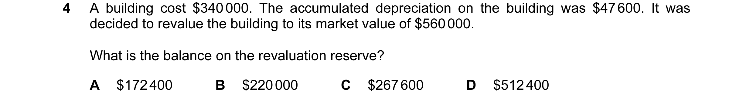Question 61: A building cost $340 000. The accumulated depreciation on the building was $47 600. It was decided to revalue the building to its market va…