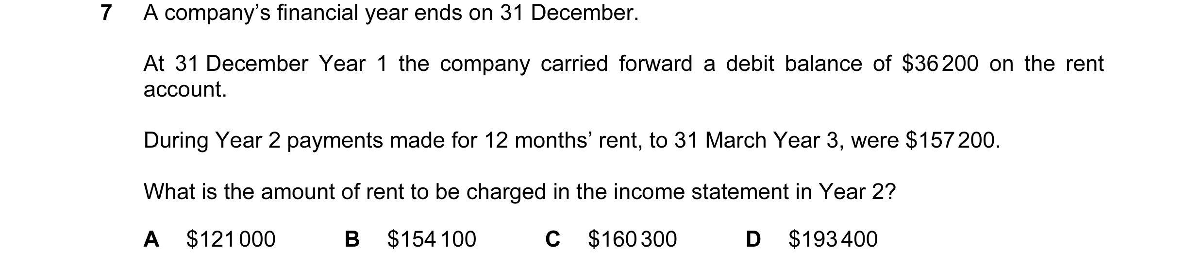 Question 96: A company’s financial year ends on 31 December. At 31 December Year 1 the company carried forward a debit balance of $36 200 on the rent ac…