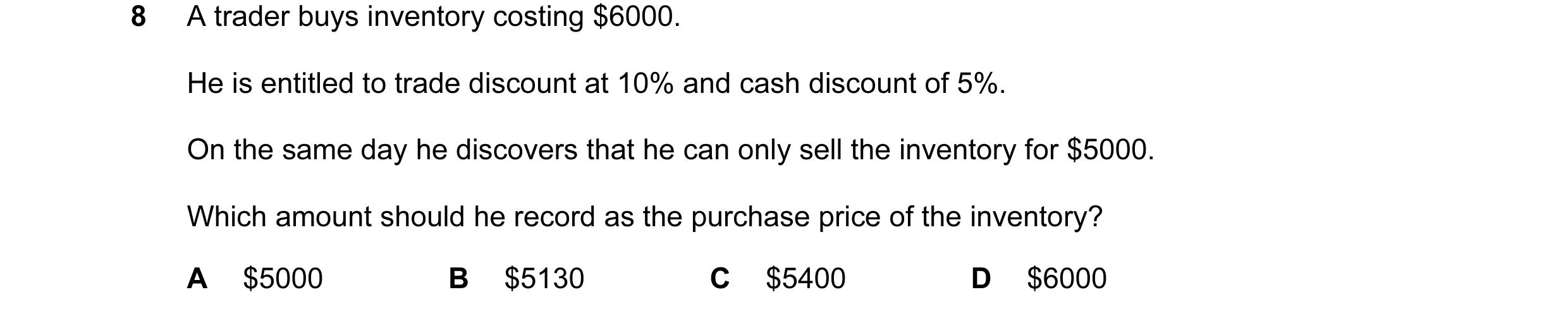 Question 97: A trader buys inventory costing $6000. He is entitled to trade discount at 10% and cash discount of 5%. On the same day he discovers that h…