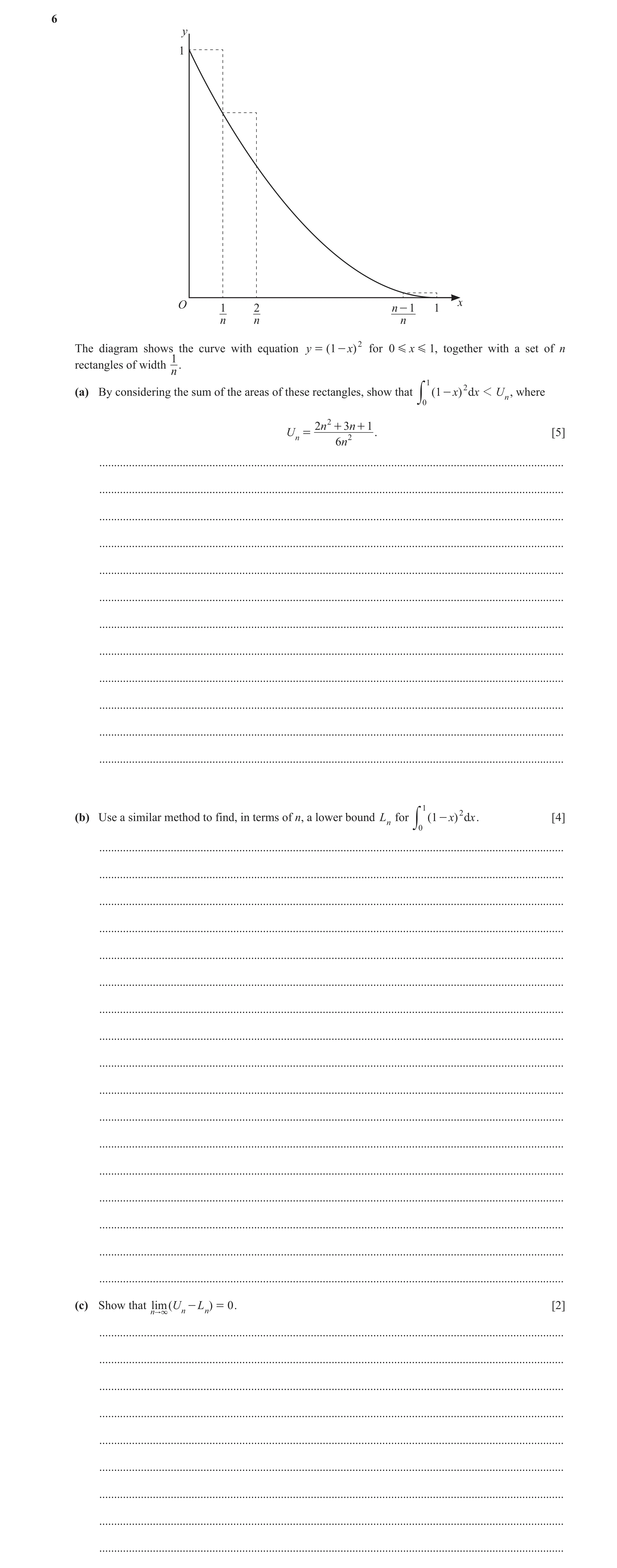 Question 46: y 1 O 1 2 n - 1 1 x n n n The diagram shows the curve with equation y = ( 1 - x) 2 for 0 G x G 1, together with a set of n rectangles of wi…