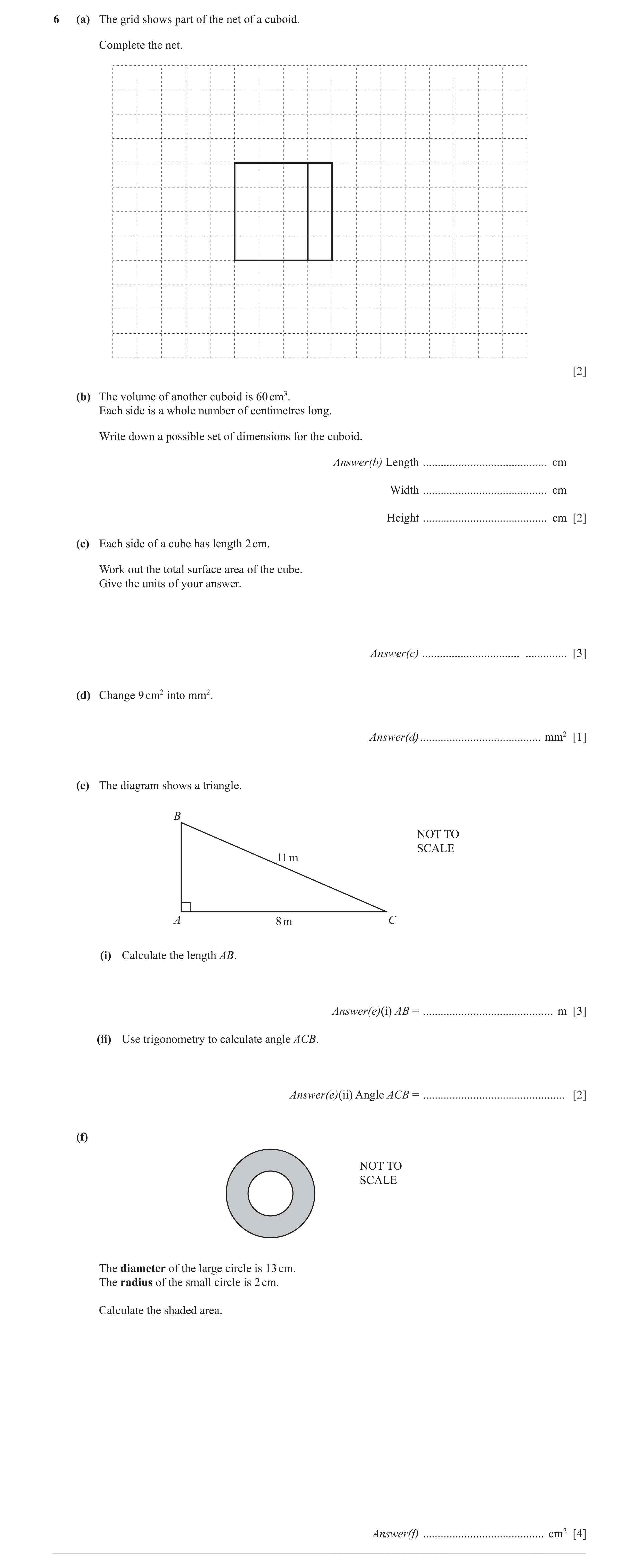 Question 21: (a) The grid shows part of the net of a cuboid. Complete the net. [2] (b) The volume of another cuboid is 60 cm3. Each side is a whole numb…