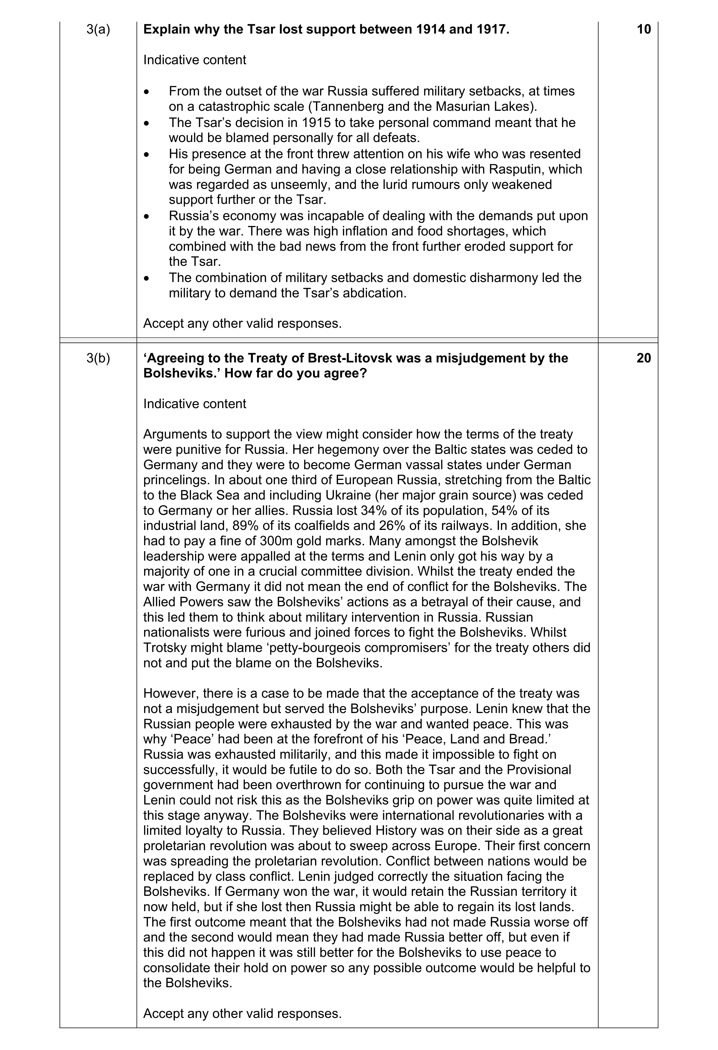 Mark scheme for question 9