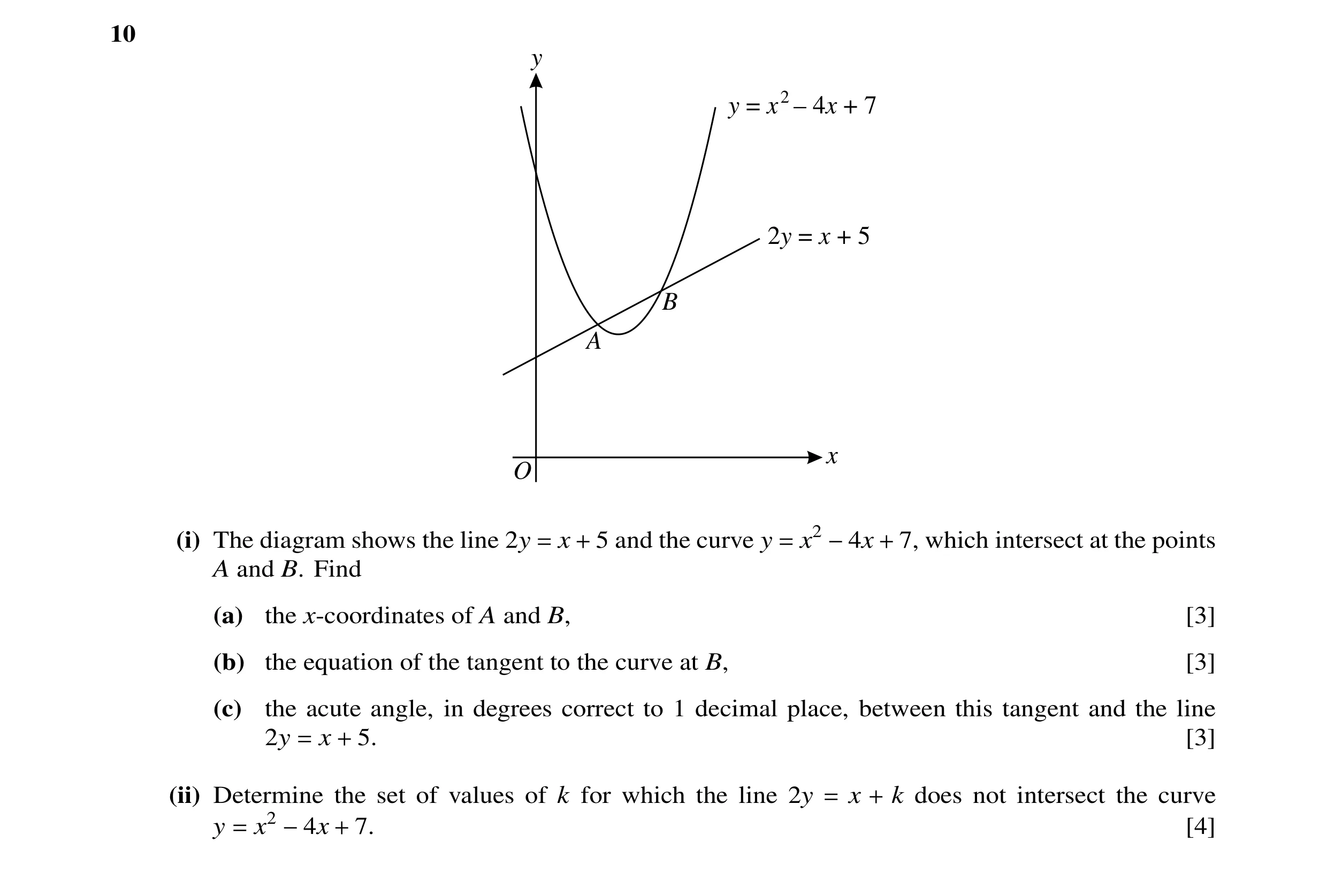 Question 5: y y = x 2 – 4x + 7 2y = x + 5 B A x O (i) The diagram shows the line 2y x 5 and the curve y x2 7, which intersect at the points = + = −4x +…