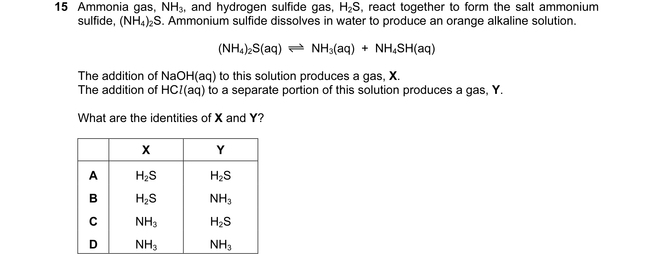 Question 45: Ammonia gas, NH3, and hydrogen sulfide gas, H2S, react together to form the salt ammonium sulfide, (NH4)2S. Ammonium sulfide dissolves in w…
