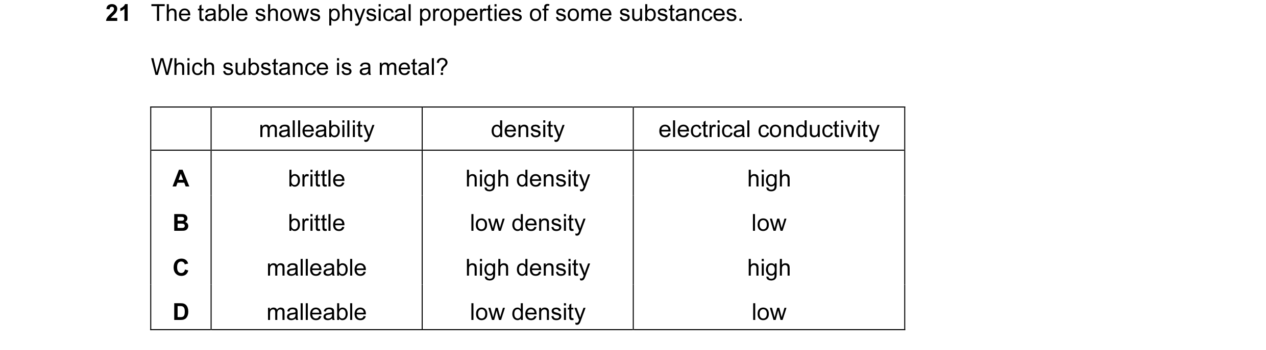 Question 7: The table shows physical properties of some substances. Which substance is a metal? malleability density electrical conductivity A brittle …