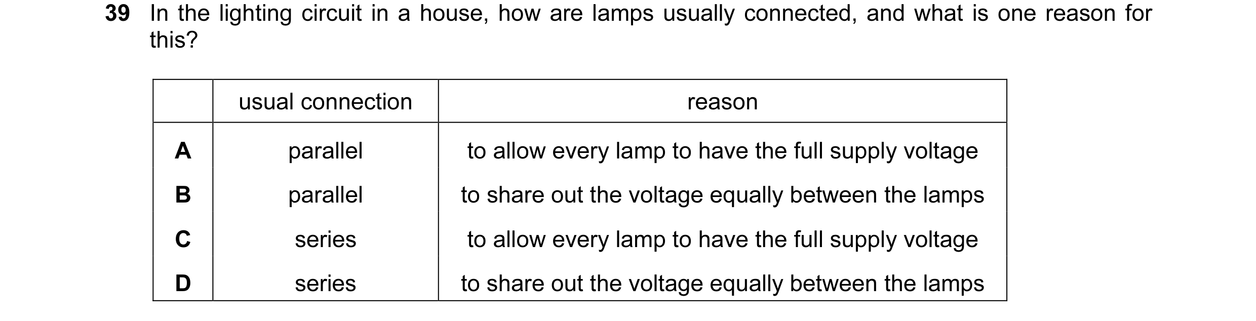 Question 34: In the lighting circuit in a house, how are lamps usually connected, and what is one reason for this? usual connection reason A parallel to…