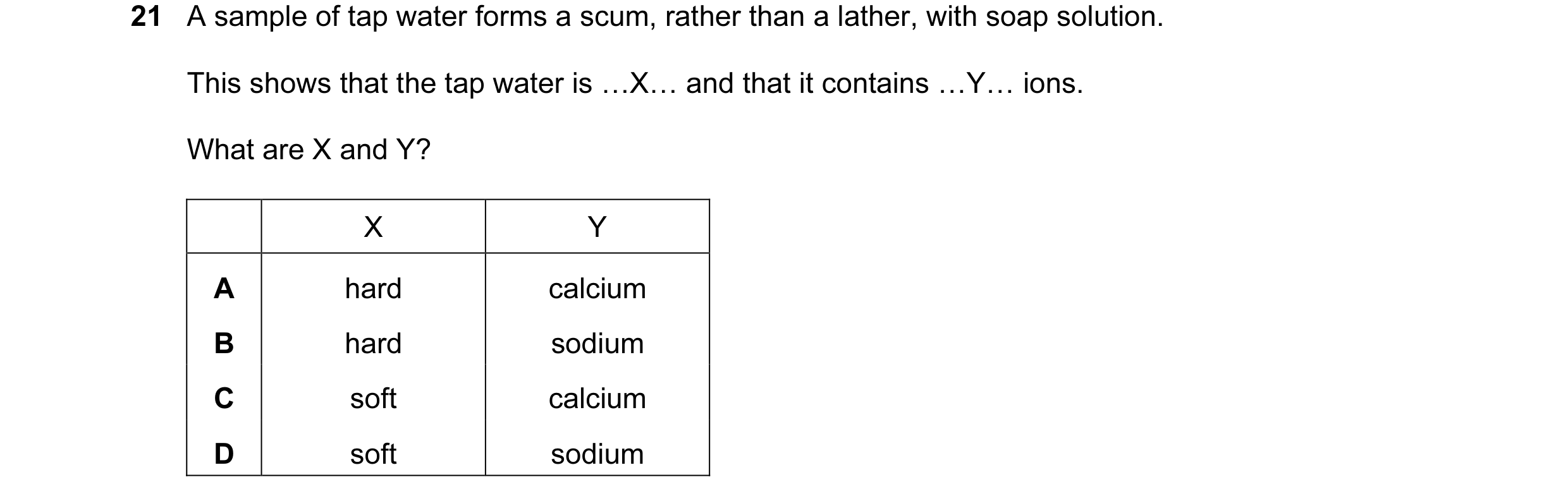 Question 2: A sample of tap water forms a scum, rather than a lather, with soap solution. This shows that the tap water is …X… and that it contains …Y……