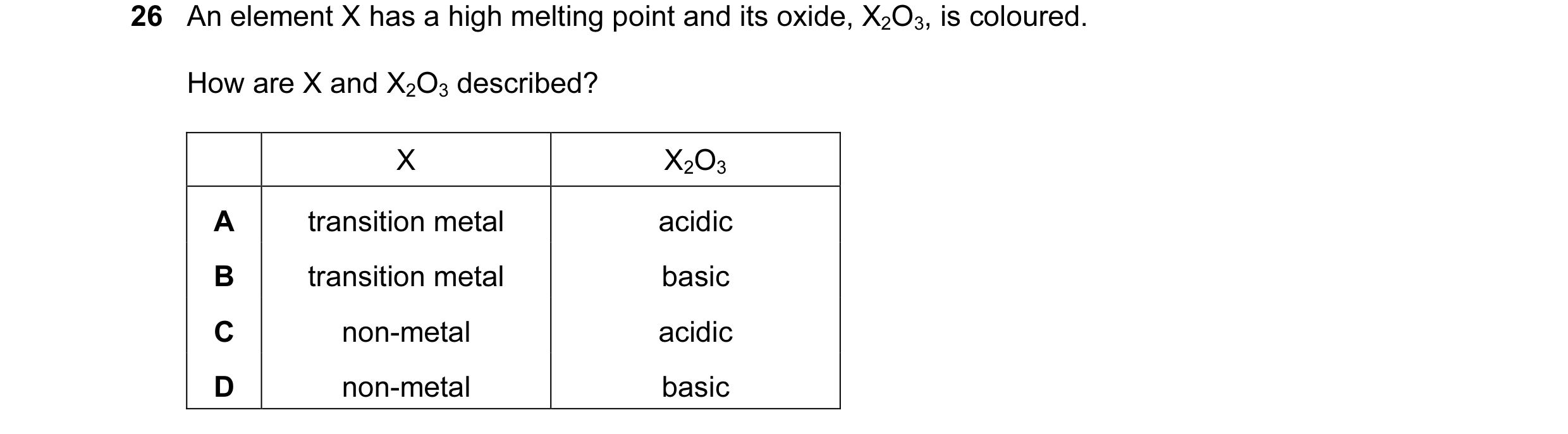 Question 1: An element X has a high melting point and its oxide, X2O3, is coloured. How are X and X2O3 described? X X2O3 A transition metal acidic B tr…