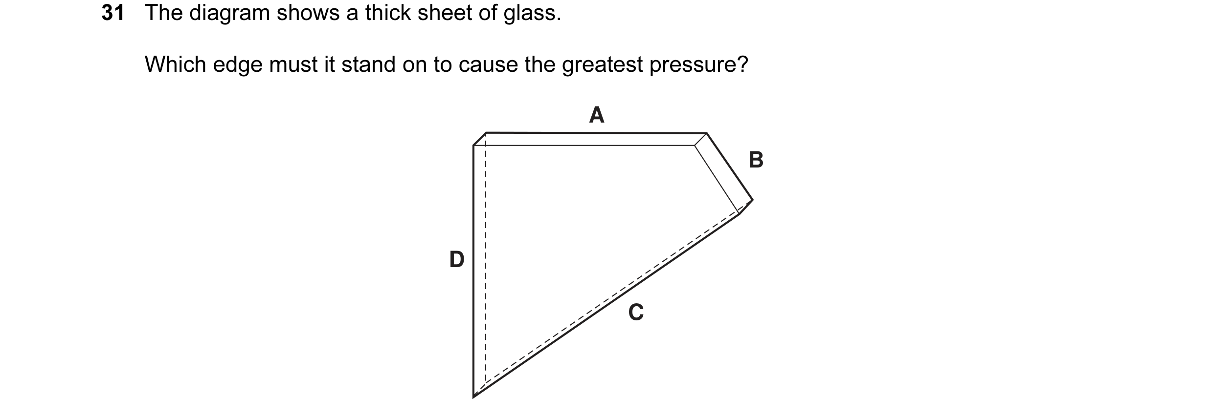 Question 2: The diagram shows a thick sheet of glass. Which edge must it stand on to cause the greatest pressure? A B D C