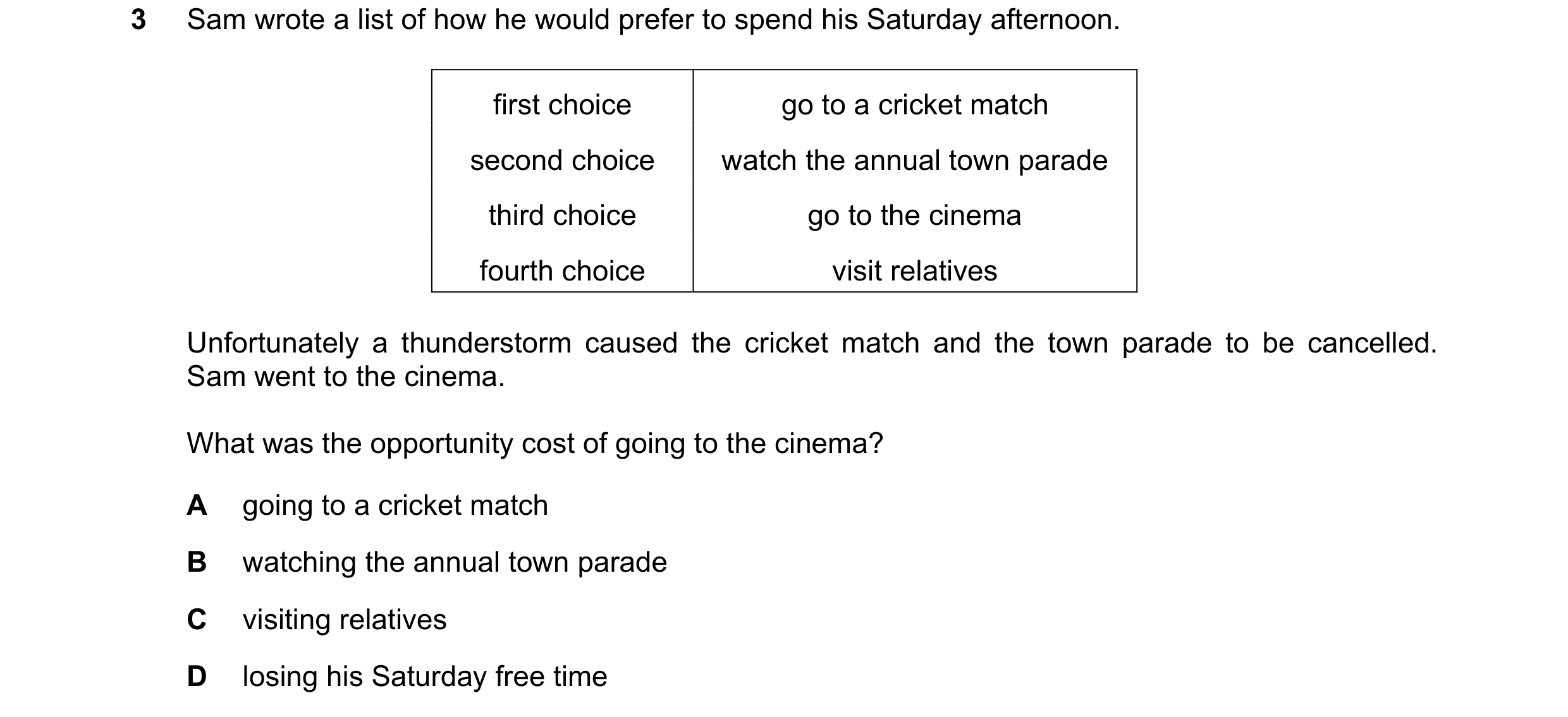 Question 71: Sam wrote a list of how he would prefer to spend his Saturday afternoon. first choice go to a cricket match second choice watch the annual …