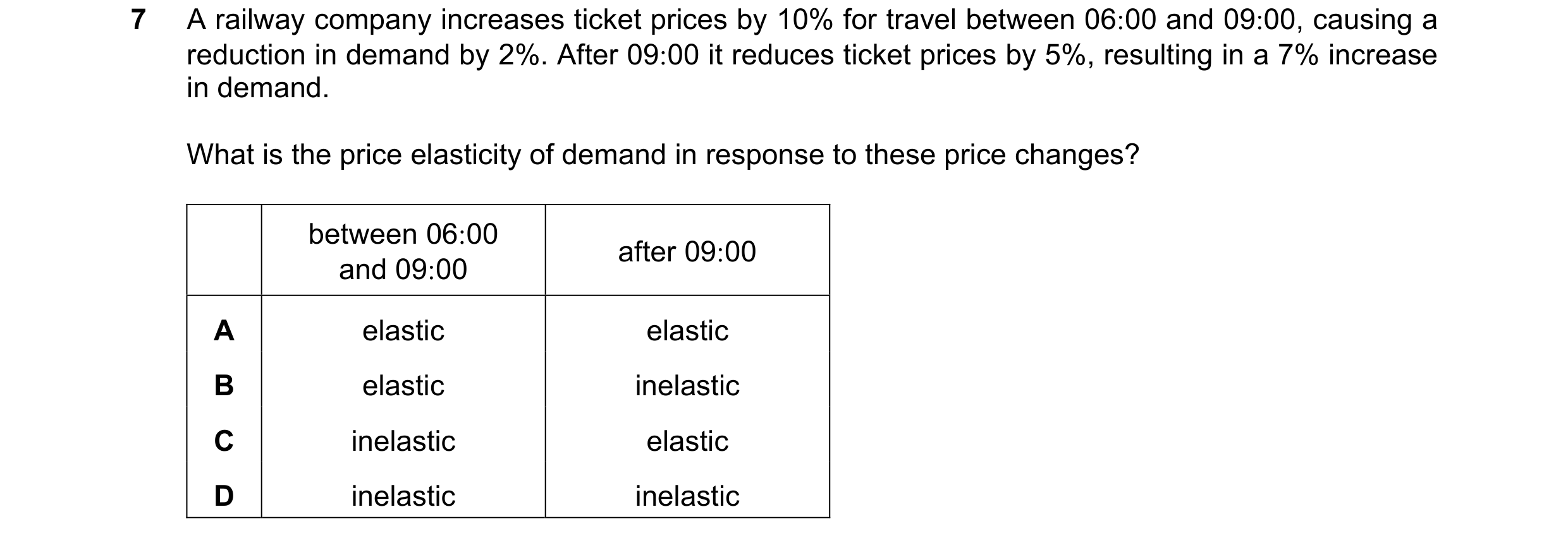 Question 49: A railway company increases ticket prices by 10% for travel between 06:00 and 09:00, causing a reduction in demand by 2%. After 09:00 it re…
