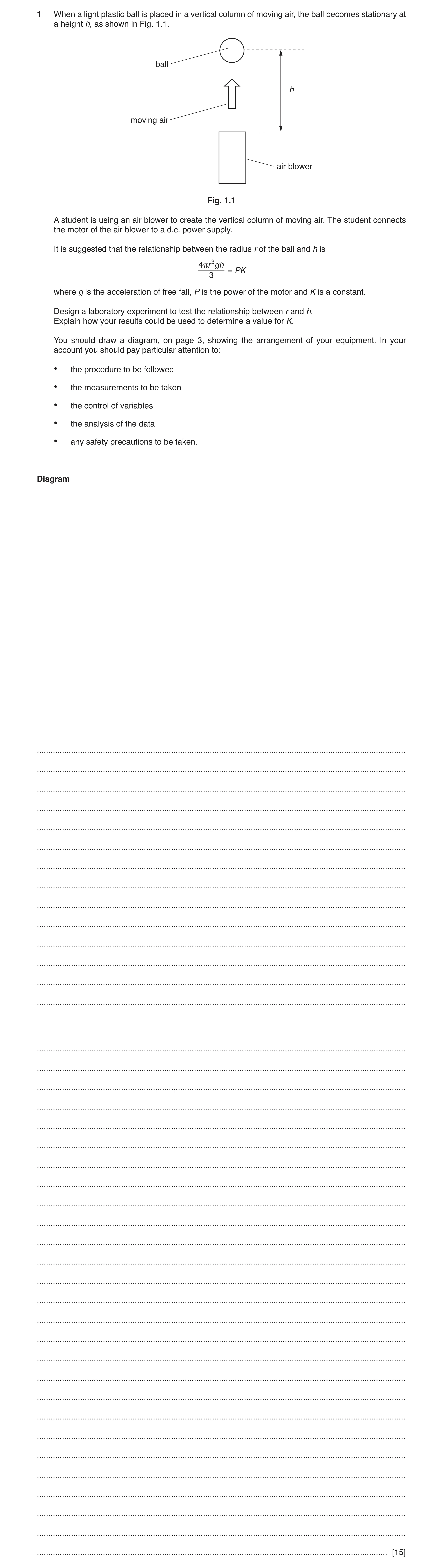 Question 2: When a light plastic ball is placed in a vertical column of moving air, the ball becomes stationary at a height h, as shown in Fig. 1.1. ba…