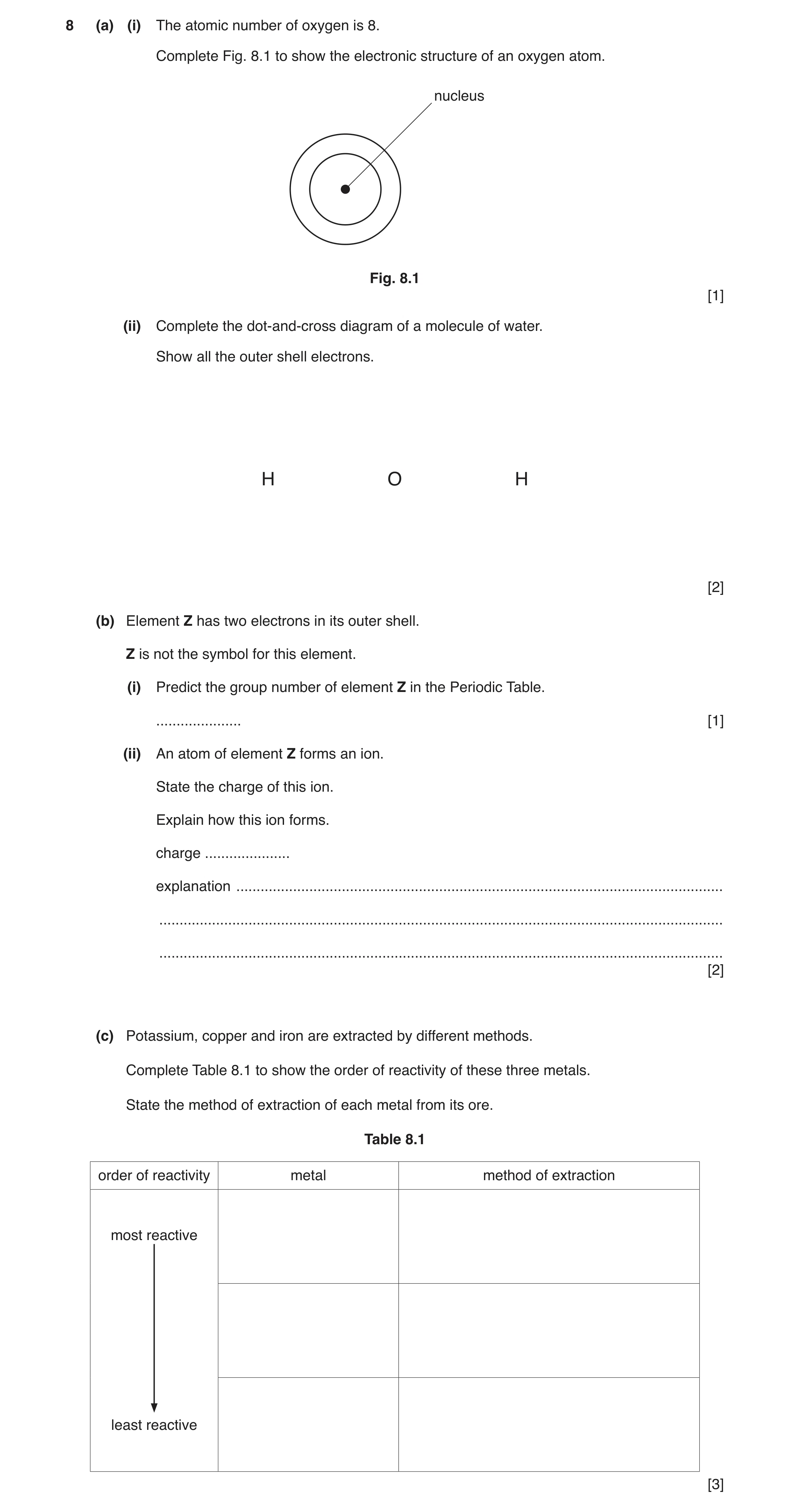 Question 3: (a) (i) The atomic number of oxygen is 8. Complete Fig. 8.1 to show the electronic structure of an oxygen atom. nucleus Fig. 8.1 [1] (ii) C…