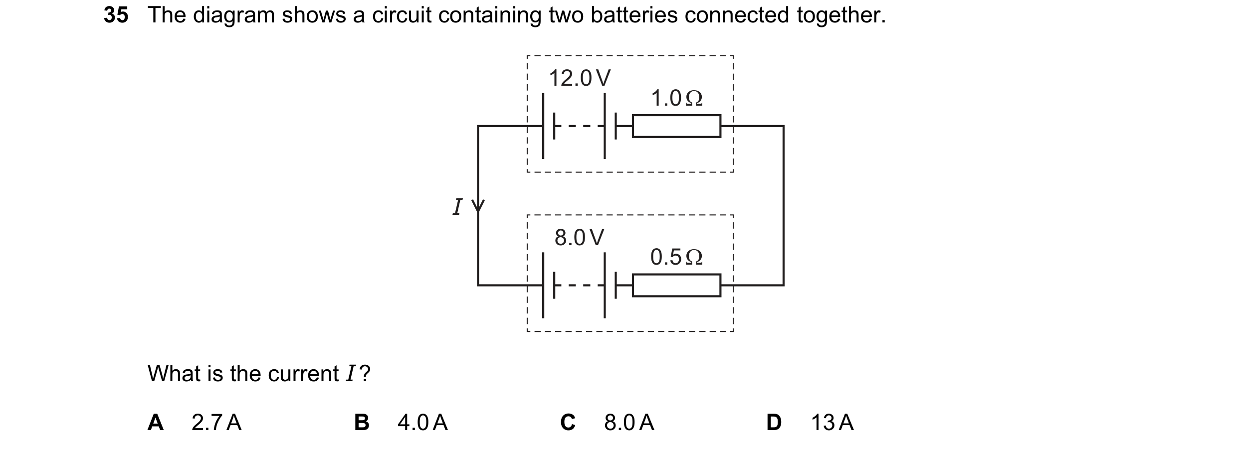 Question 52: The diagram shows a circuit containing two batteries connected together. 12.0 V 1.0 Ω I 8.0 V 0.5 Ω What is the current I ? A 2.7 A B 4.0 A…