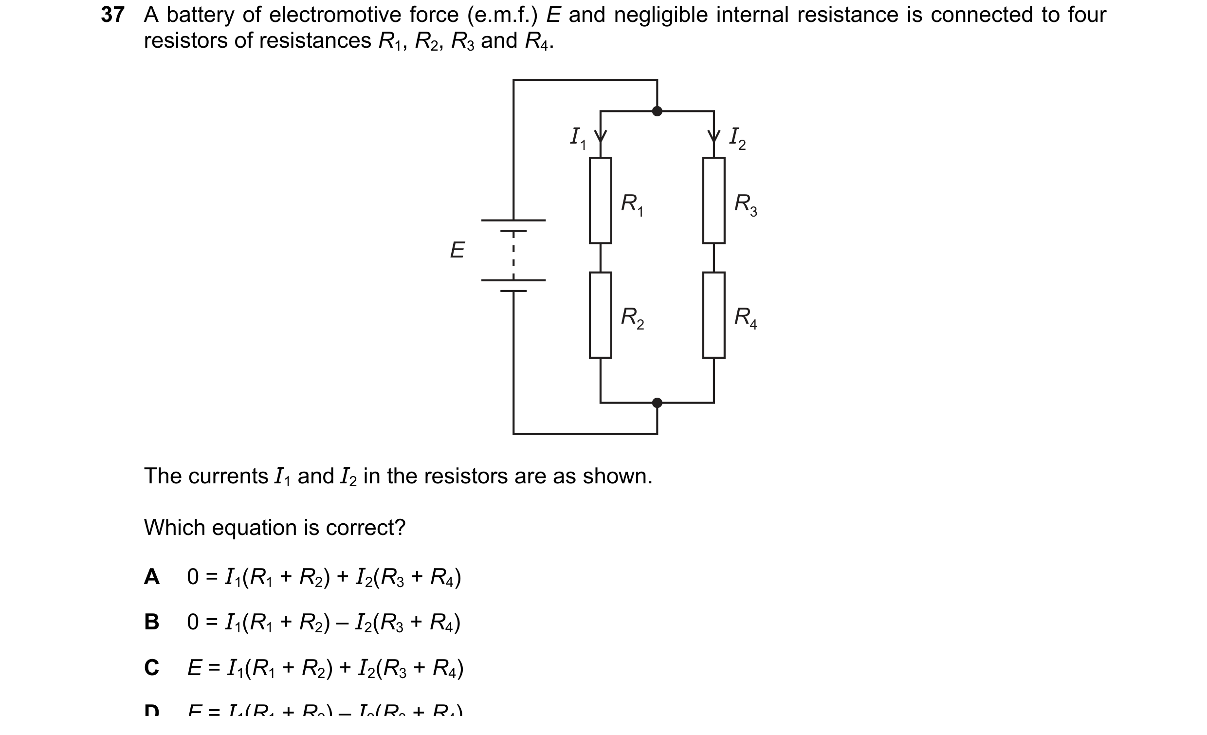 Question 53: A battery of electromotive force (e.m.f.) E and negligible internal resistance is connected to four resistors of resistances R1, R2, R3 and…