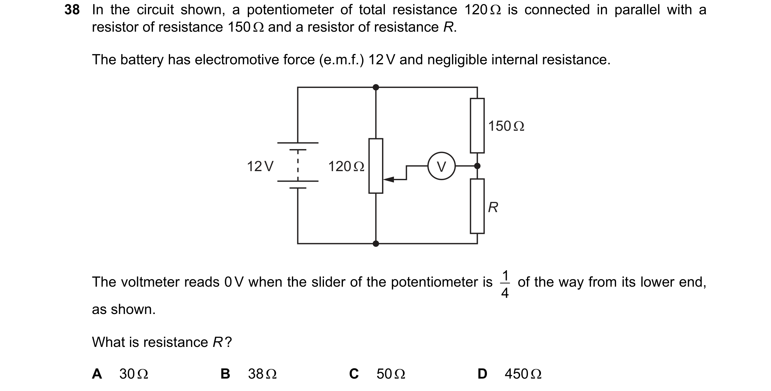 Question 94: In the circuit shown, a potentiometer of total resistance 120 is connected in parallel with a resistor of resistance 150 and a resistor…